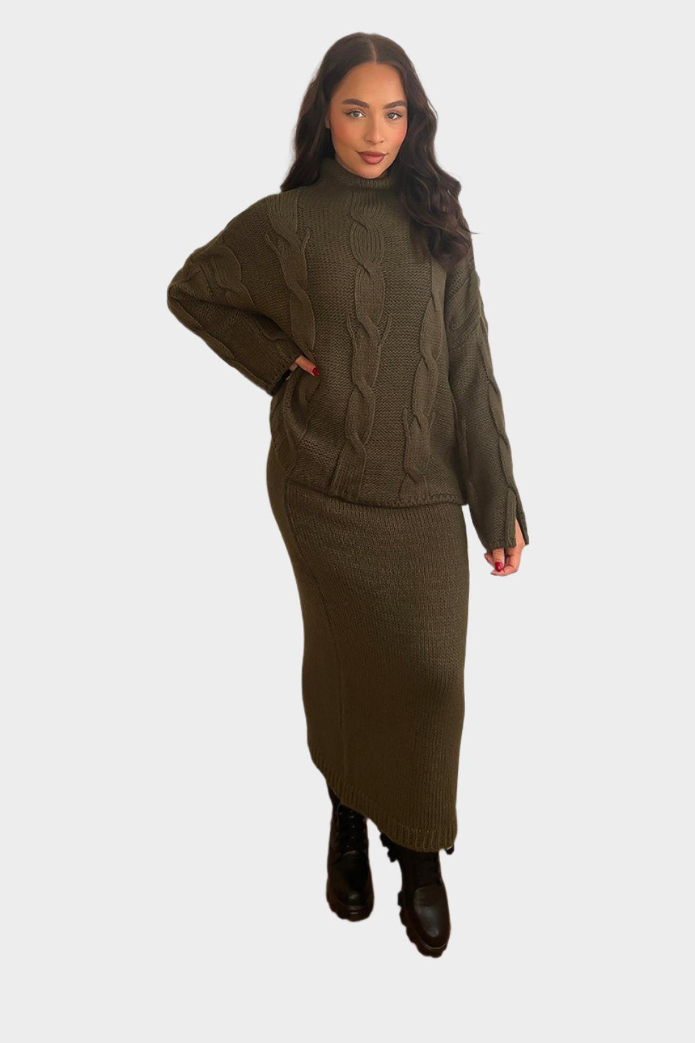 High Neck Braid Knit Pullover And Midi Skirt Set