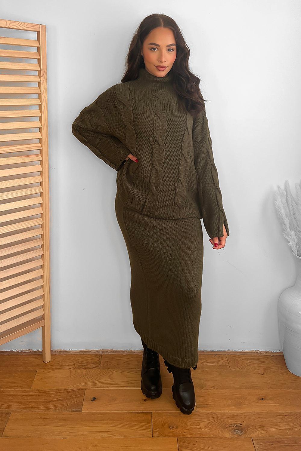 High Neck Braid Knit Pullover And Midi Skirt Set
