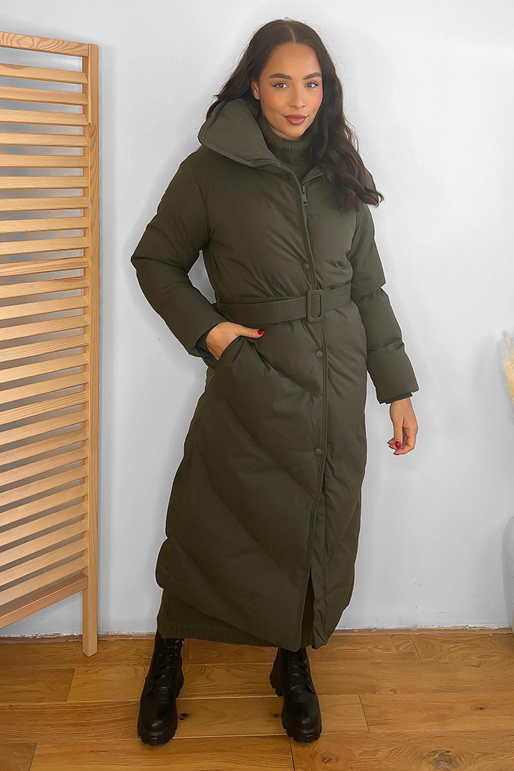 High Neck Belted Midi Puffer Jacket-SinglePrice