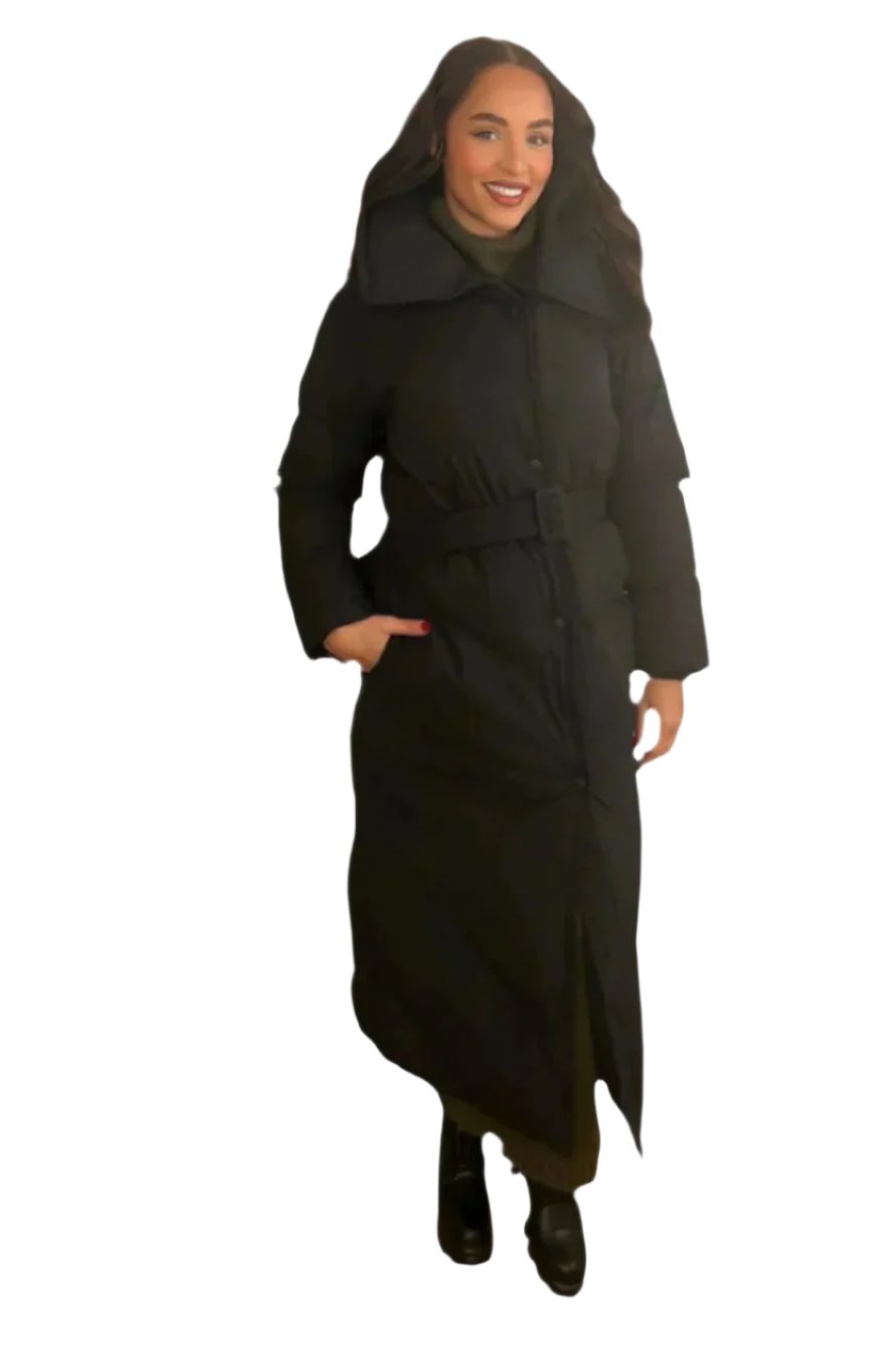 High Neck Belted Midi Puffer Jacket-SinglePrice