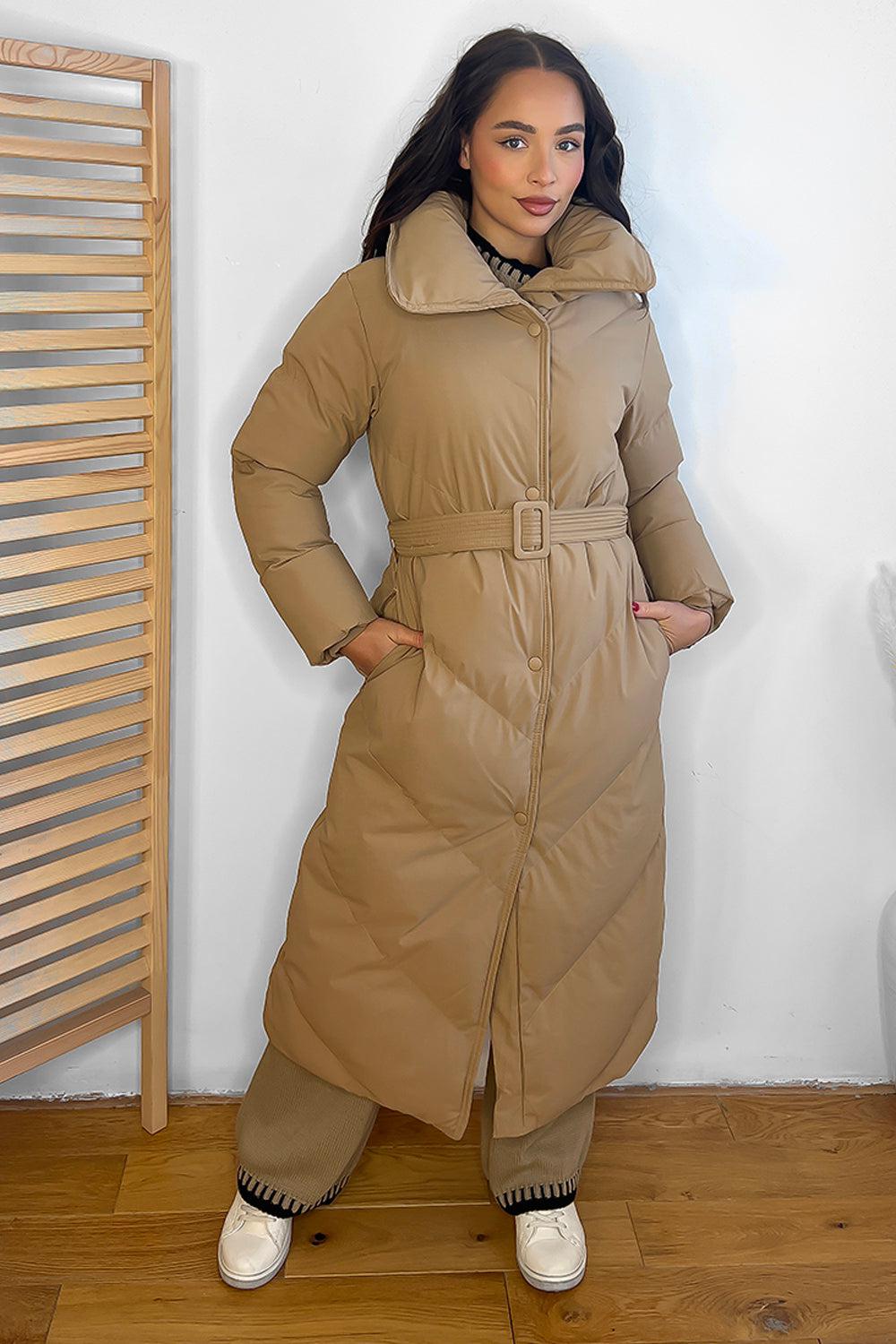 High Neck Belted Midi Puffer Jacket-SinglePrice