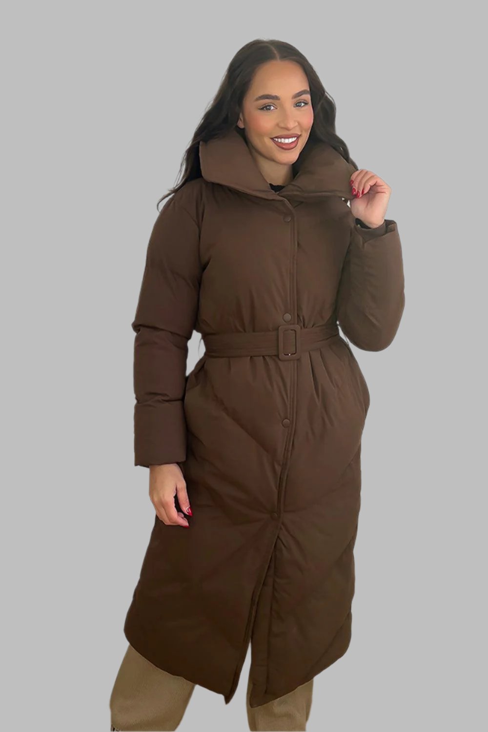High Neck Belted Midi Puffer Jacket-SinglePrice