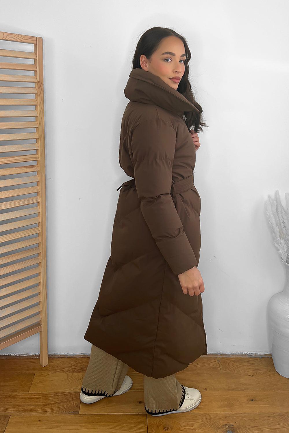 High Neck Belted Midi Puffer Jacket-SinglePrice