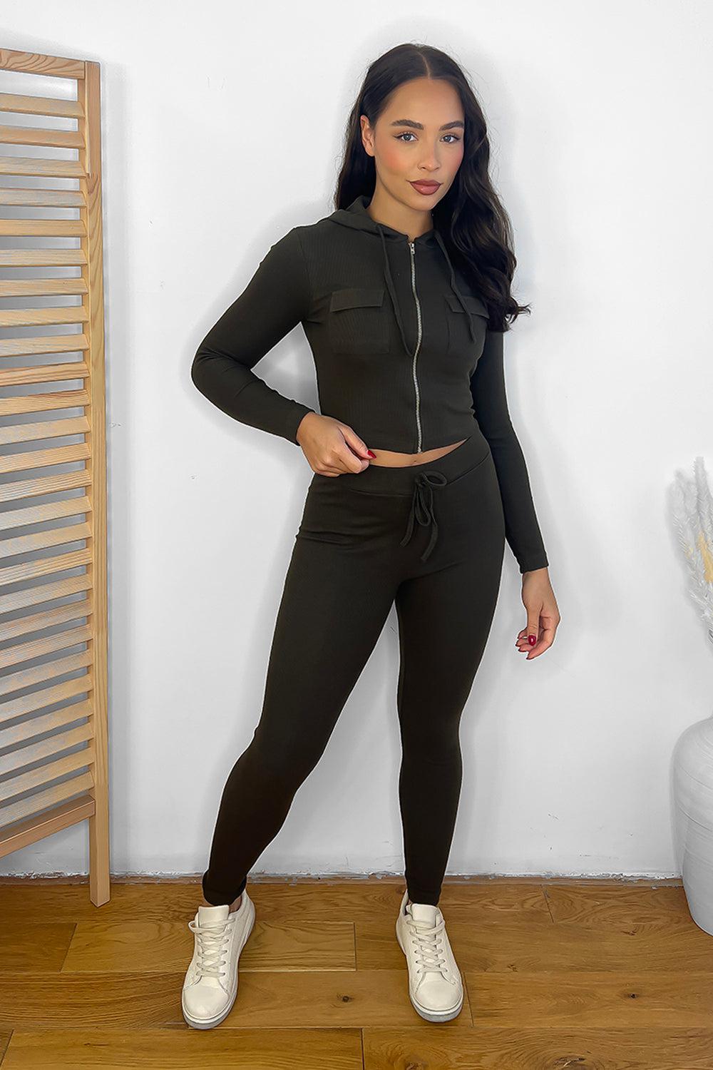 Zipped Cropped Hoodie Top And Leggings Set-SinglePrice