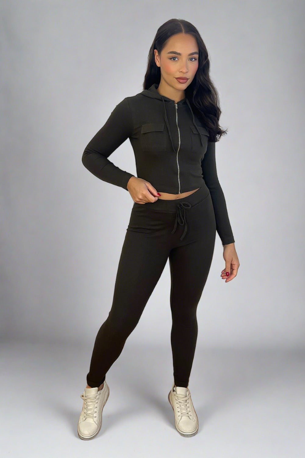 Zipped Cropped Hoodie Top And Leggings Set-SinglePrice