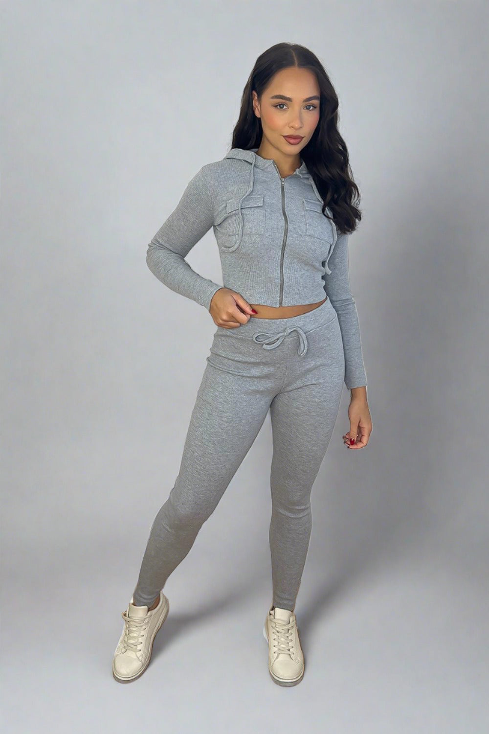 Zipped Cropped Hoodie Top And Leggings Set-SinglePrice