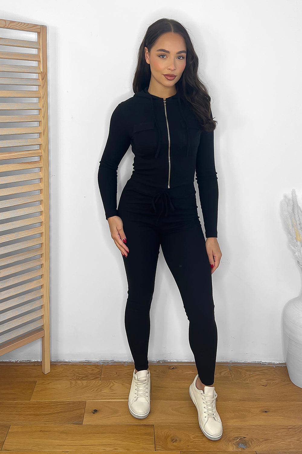 Zipped Cropped Hoodie Top And Leggings Set-SinglePrice