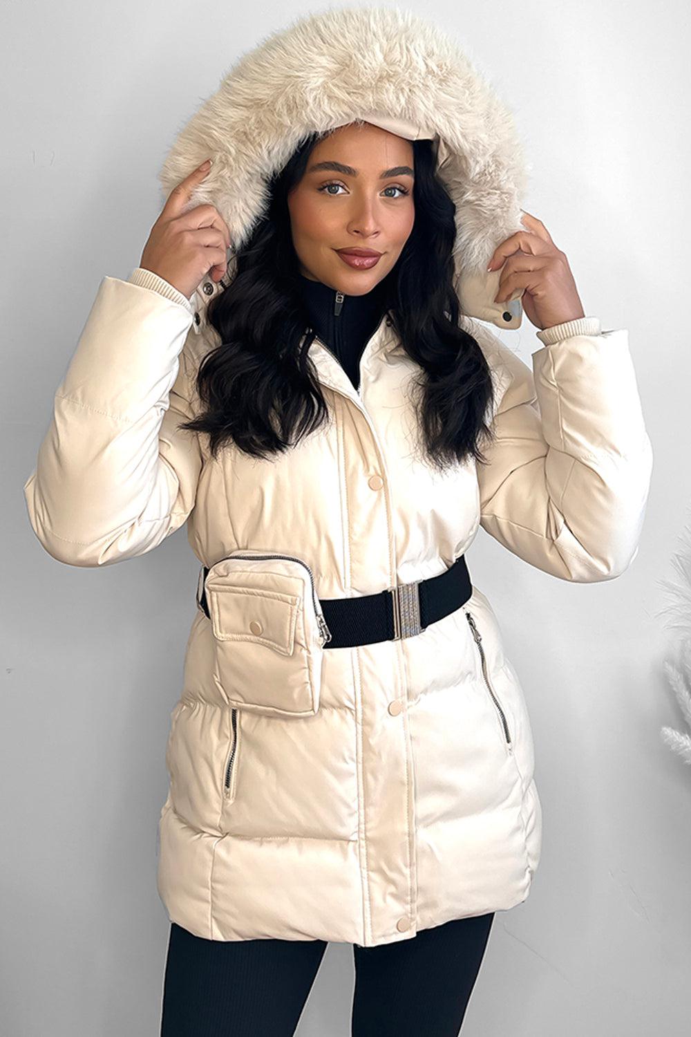 Faux Fur Hood Bag Belt Winter Jacket-SinglePrice