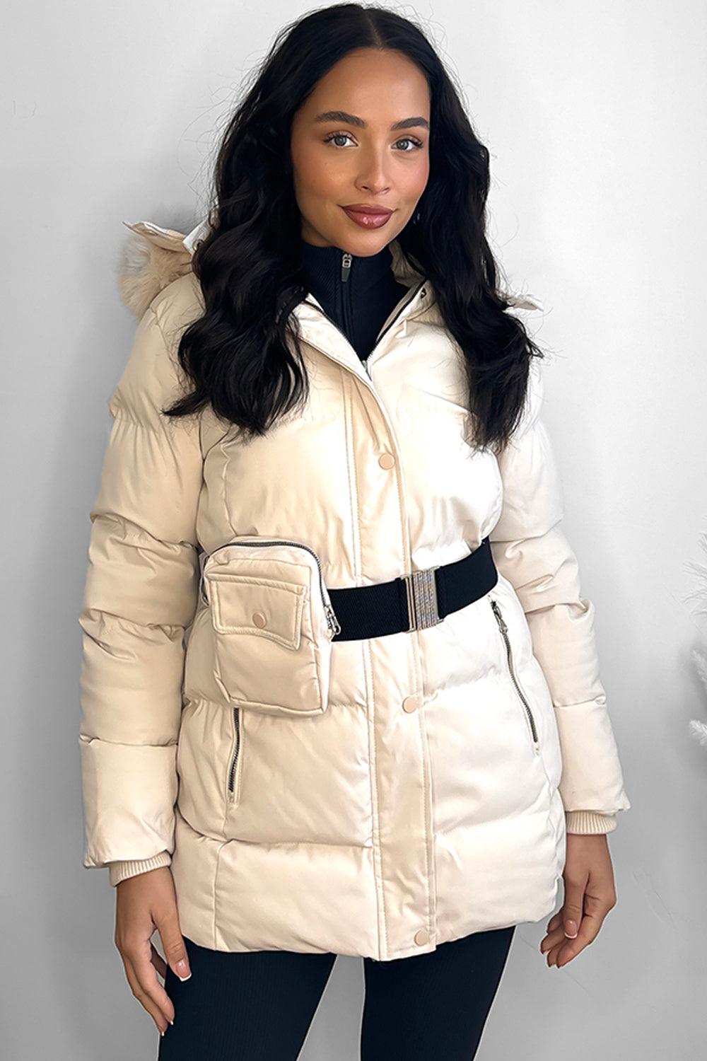 Faux Fur Hood Bag Belt Winter Jacket-SinglePrice