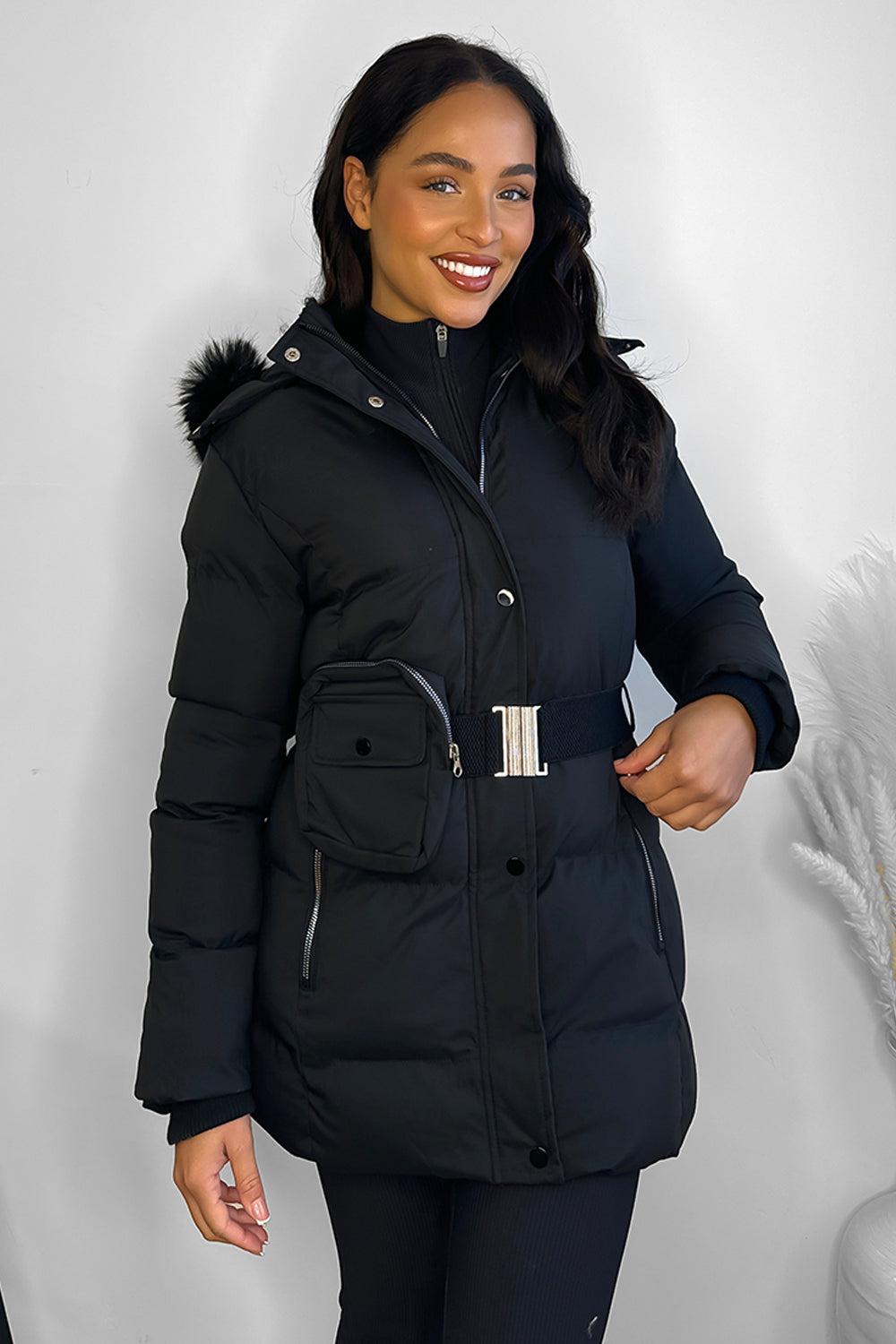 Faux Fur Hood Bag Belt Winter Jacket-SinglePrice