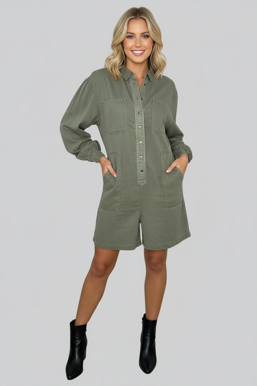 Khaki Button Down Denim Playsuit-SinglePrice