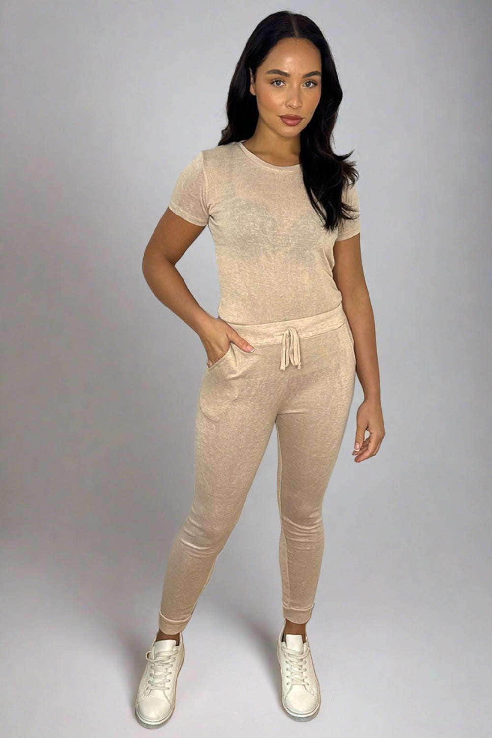 Beige Tee And Trousers Leisure Set-SinglePrice