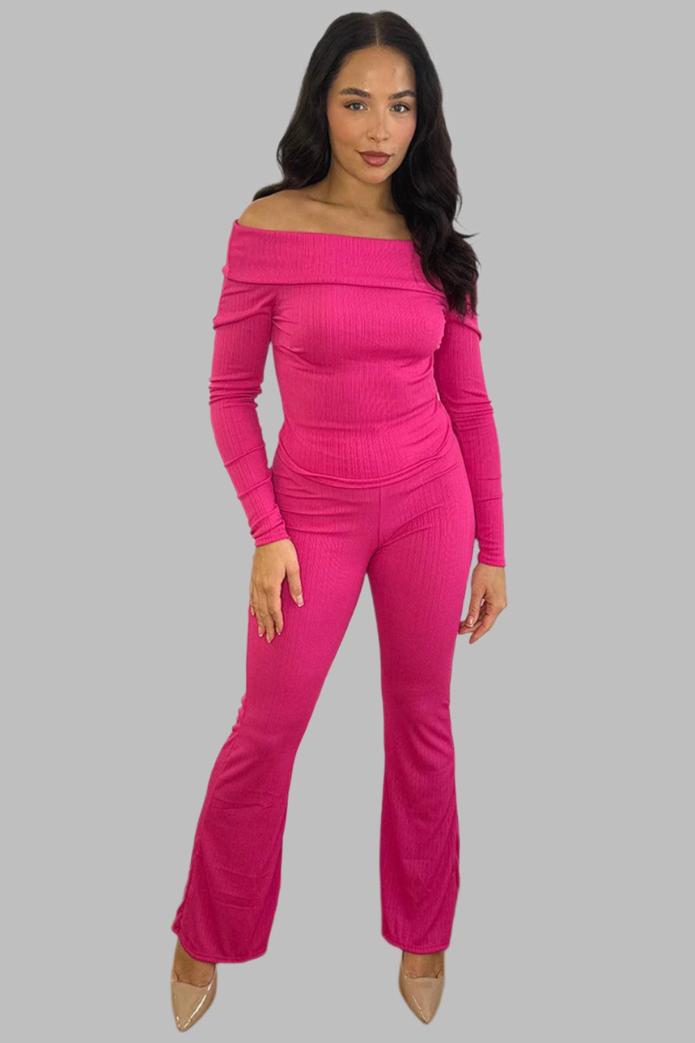 Bardot Neckline Ribbed Top And Trousers Set-SinglePrice