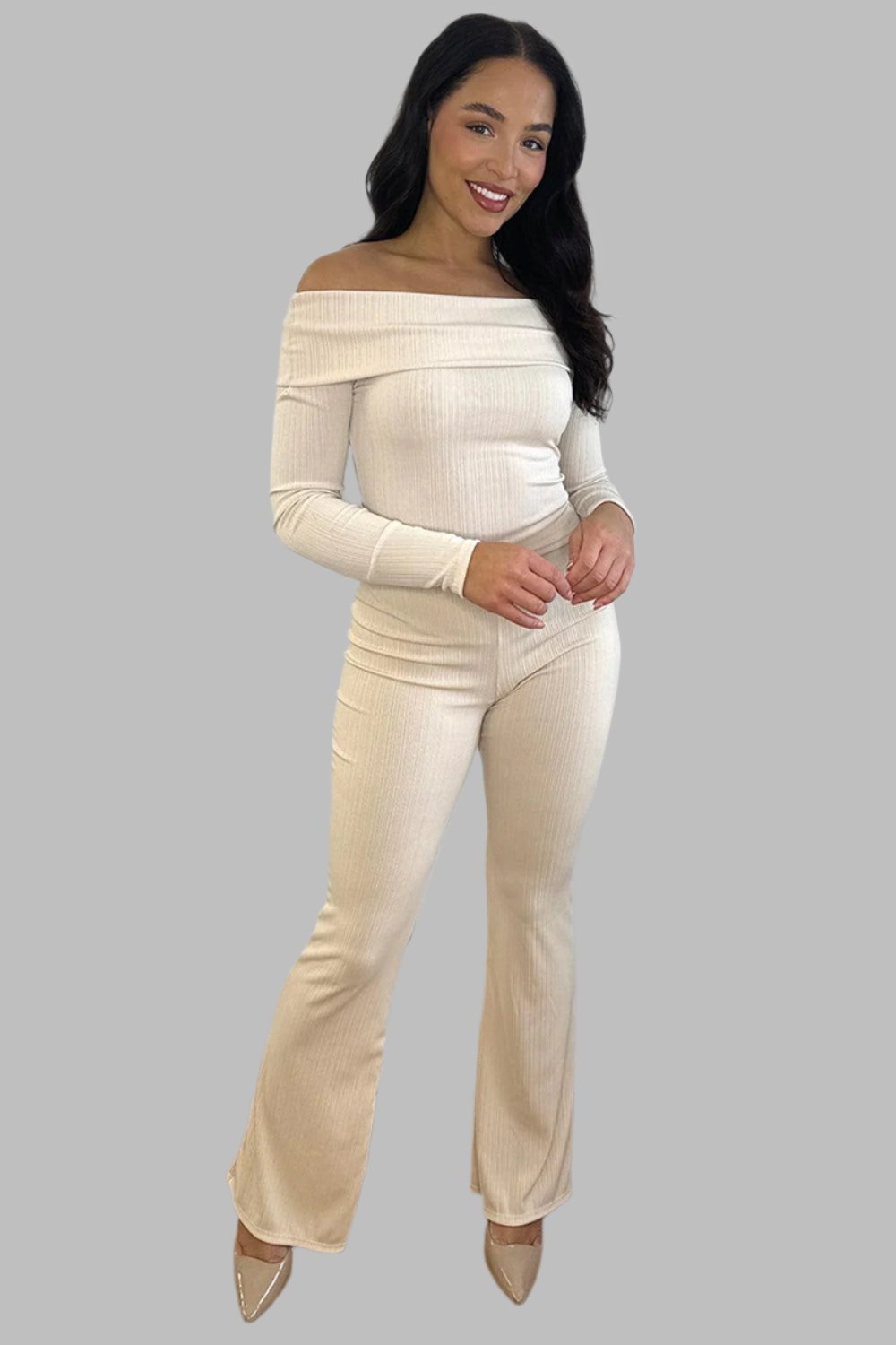 Bardot Neckline Ribbed Top And Trousers Set-SinglePrice