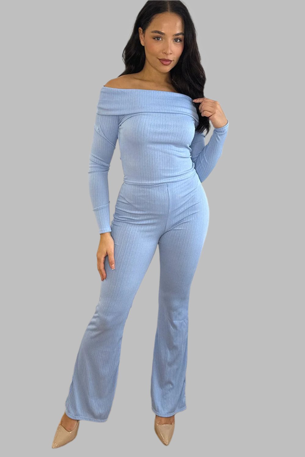 Bardot Neckline Ribbed Top And Trousers Set-SinglePrice