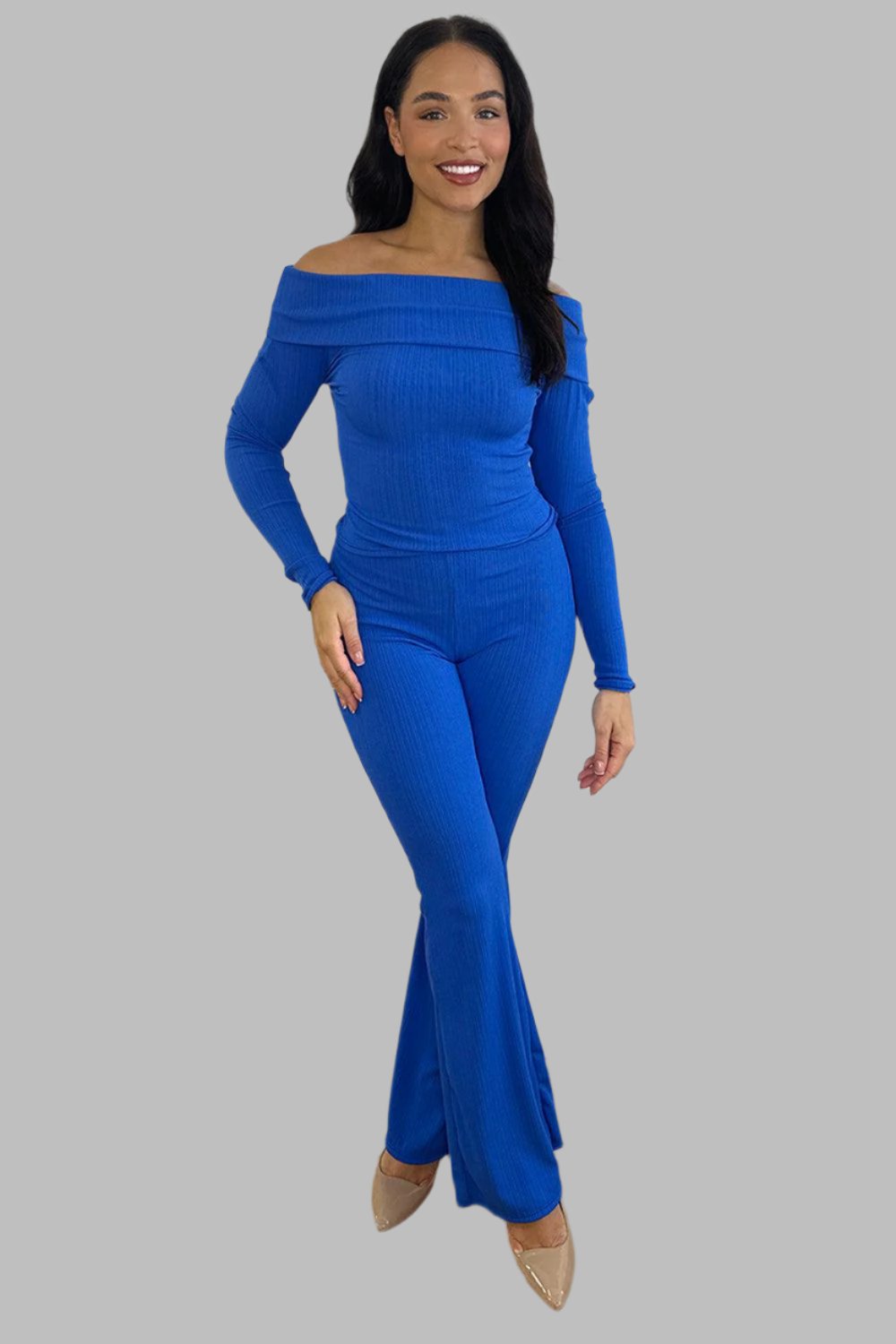 Bardot Neckline Ribbed Top And Trousers Set-SinglePrice