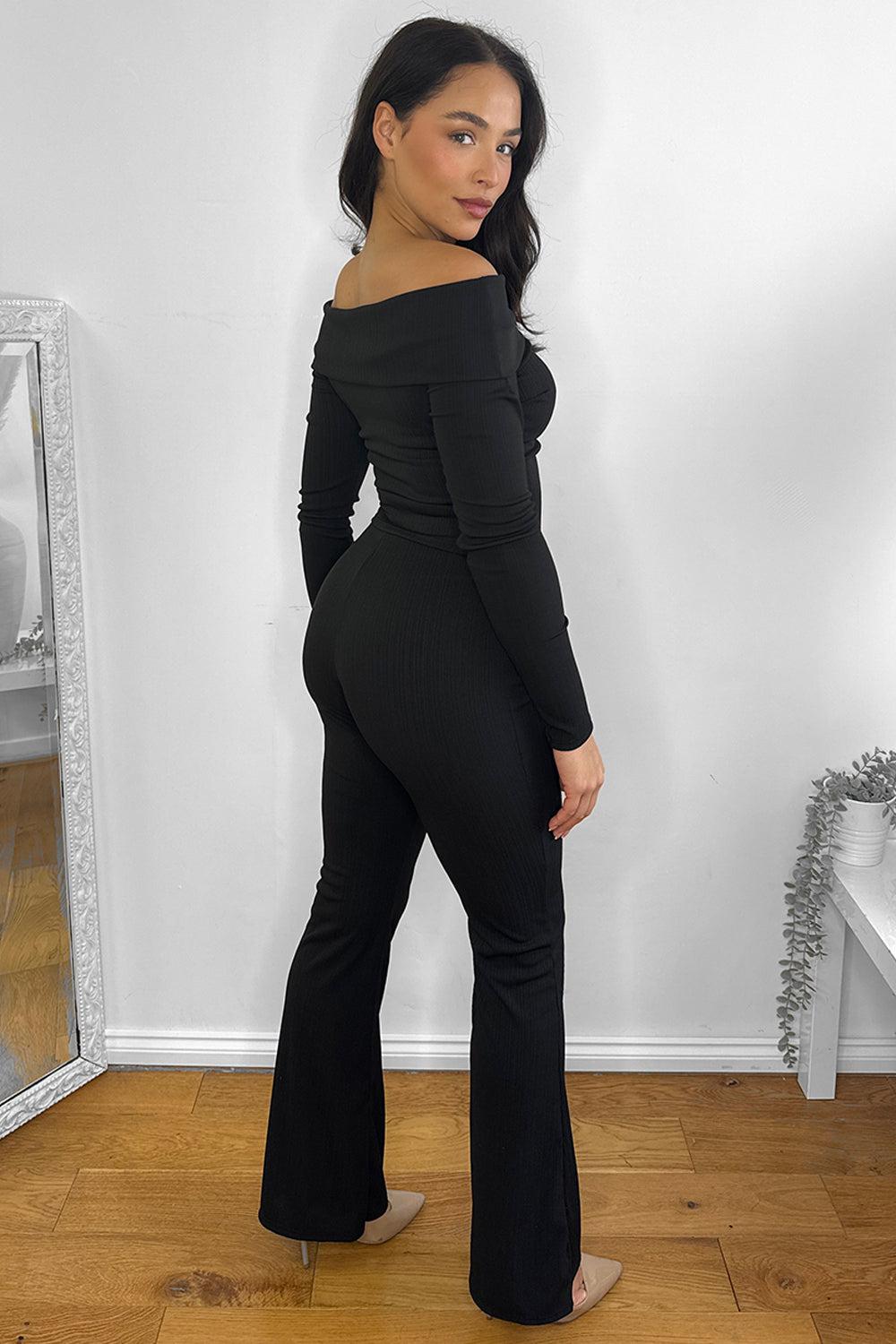 Bardot Neckline Ribbed Top And Trousers Set-SinglePrice