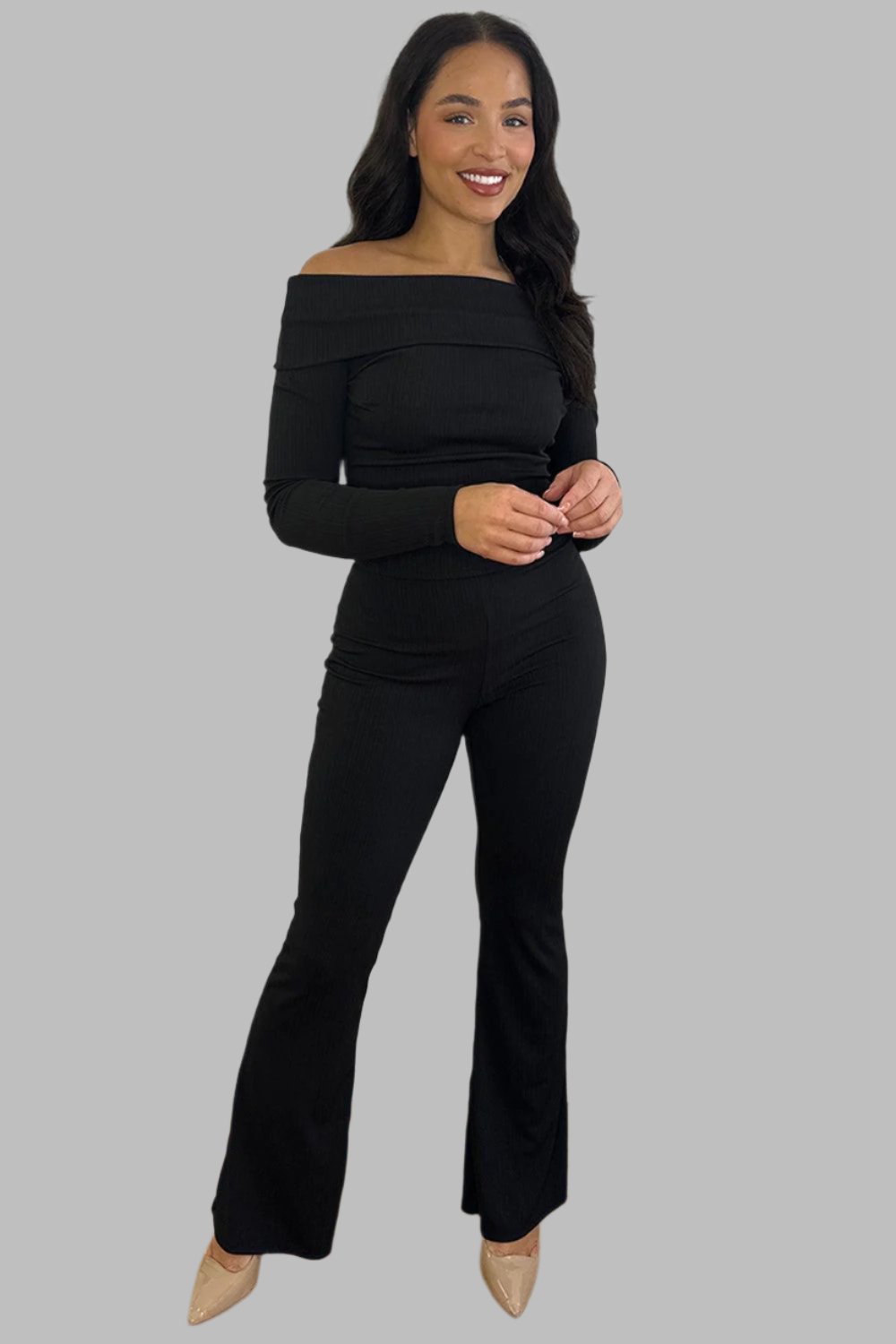 Bardot Neckline Ribbed Top And Trousers Set-SinglePrice