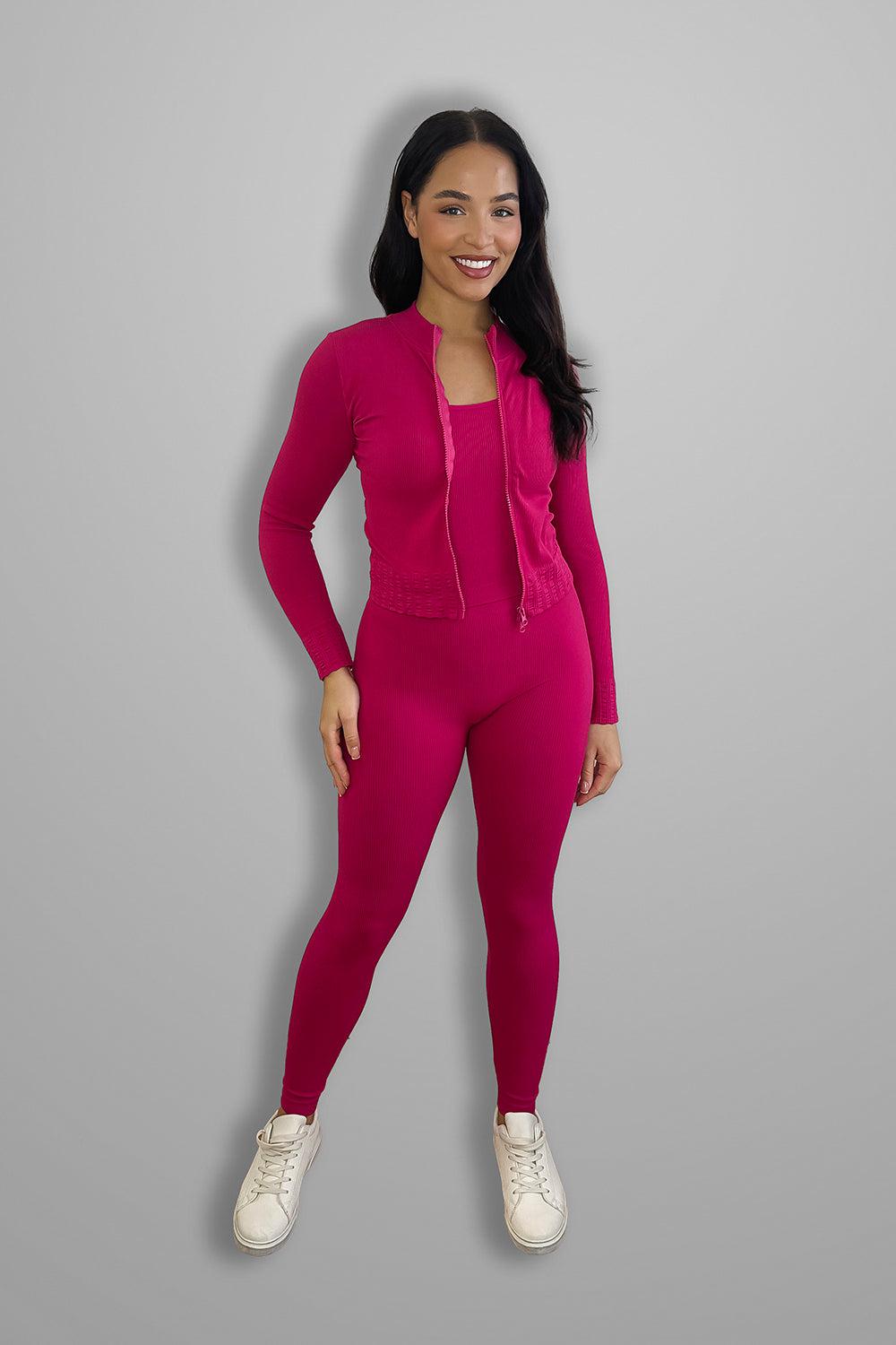 Double Zip Fastening Cropped Top And Leggings Ribbed 3 Piece Activewear Set