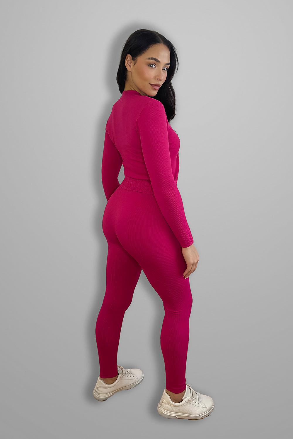 Double Zip Fastening Cropped Top And Leggings Ribbed 3 Piece Activewear Set
