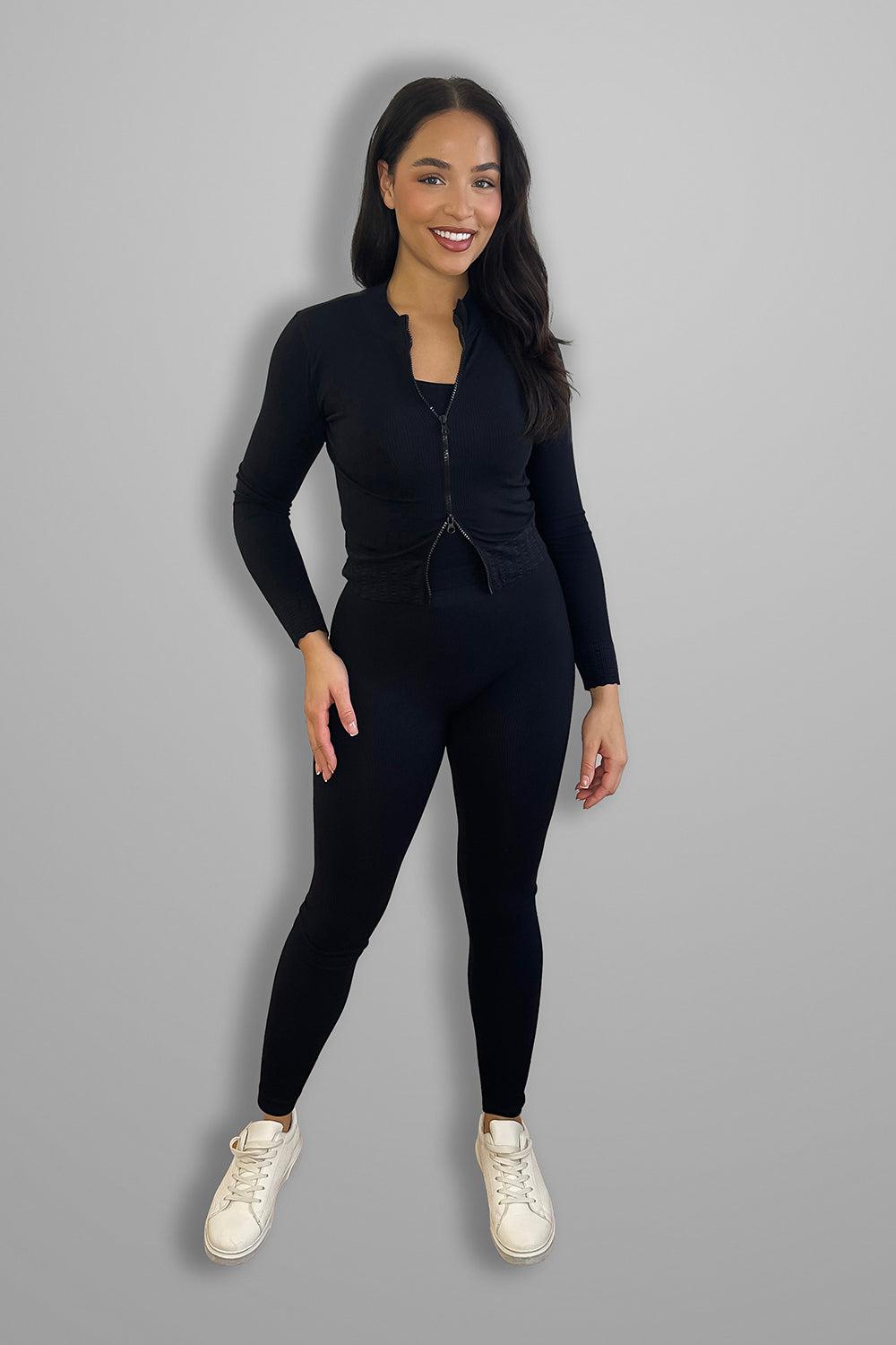 Wholesale Women's Double Zip Fastening Cropped Top And Leggings Ribbed 3 Piece Activewear Set (PACK OF 6)