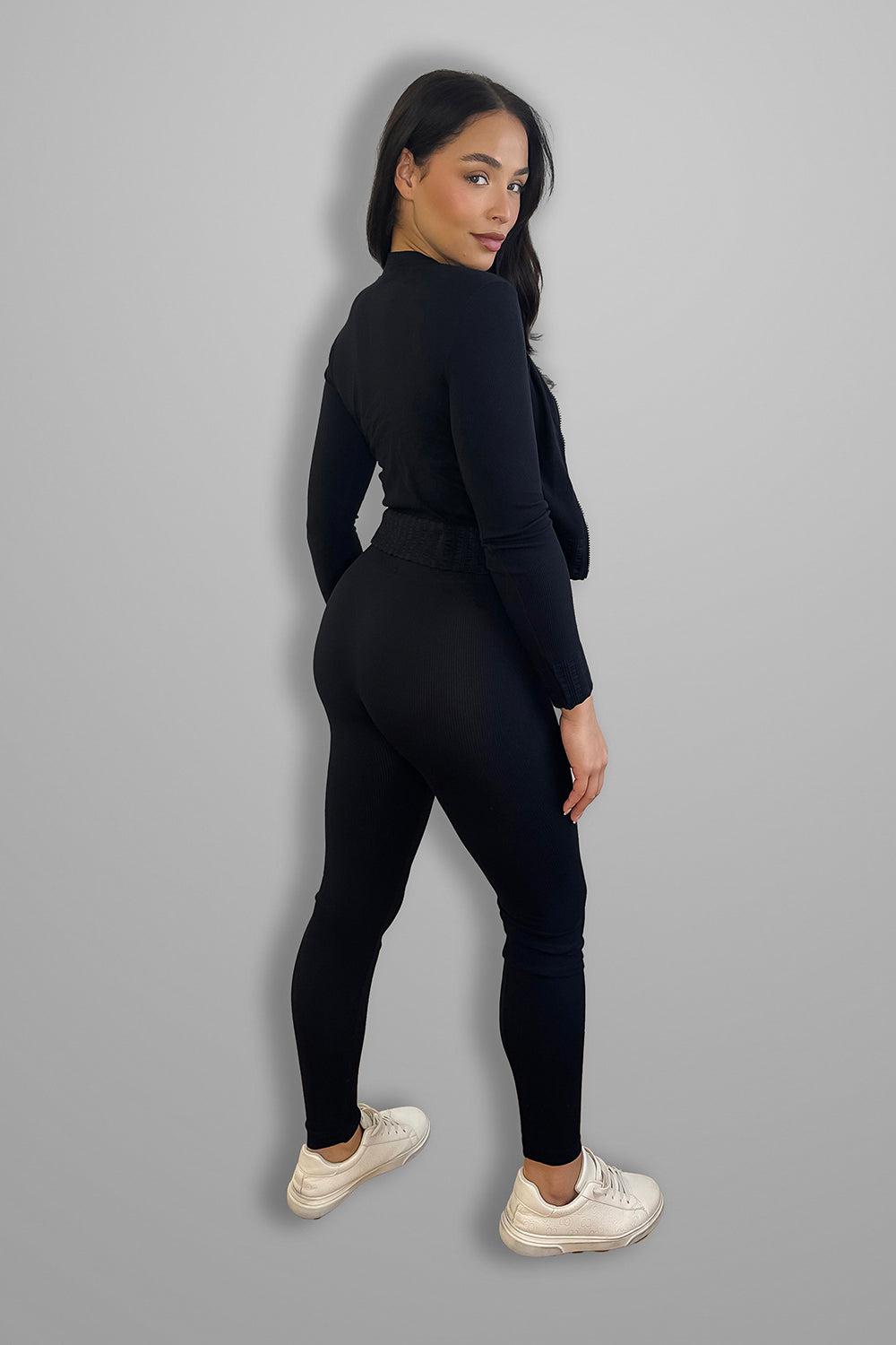 Double Zip Fastening Cropped Top And Leggings Ribbed 3 Piece Activewear Set