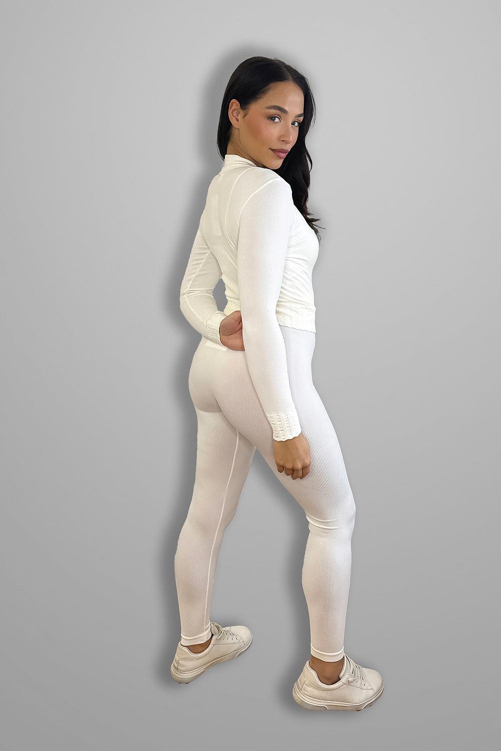 Double Zip Fastening Cropped Top And Leggings Ribbed 3 Piece Activewear Set