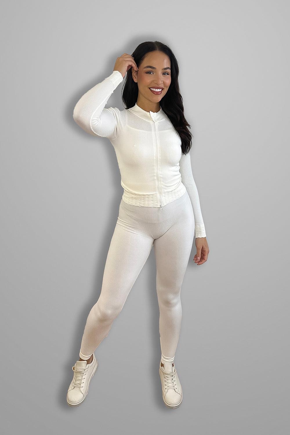 Double Zip Fastening Cropped Top And Leggings Ribbed 3 Piece Activewear Set