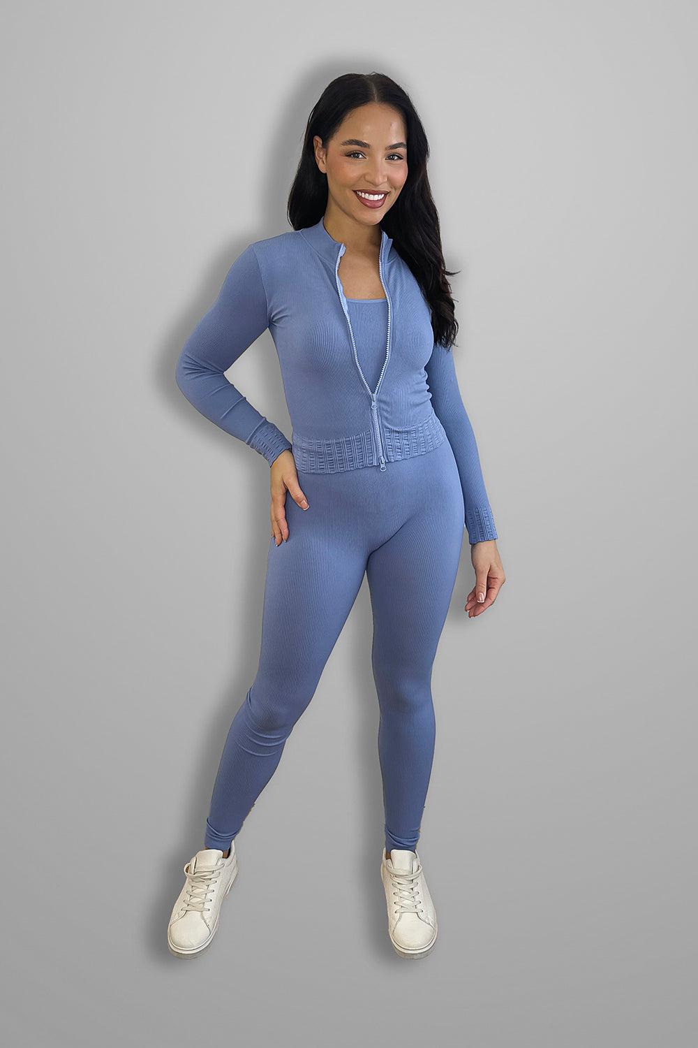 Wholesale Women's Double Zip Fastening Cropped Top And Leggings Ribbed 3 Piece Activewear Set (PACK OF 6)