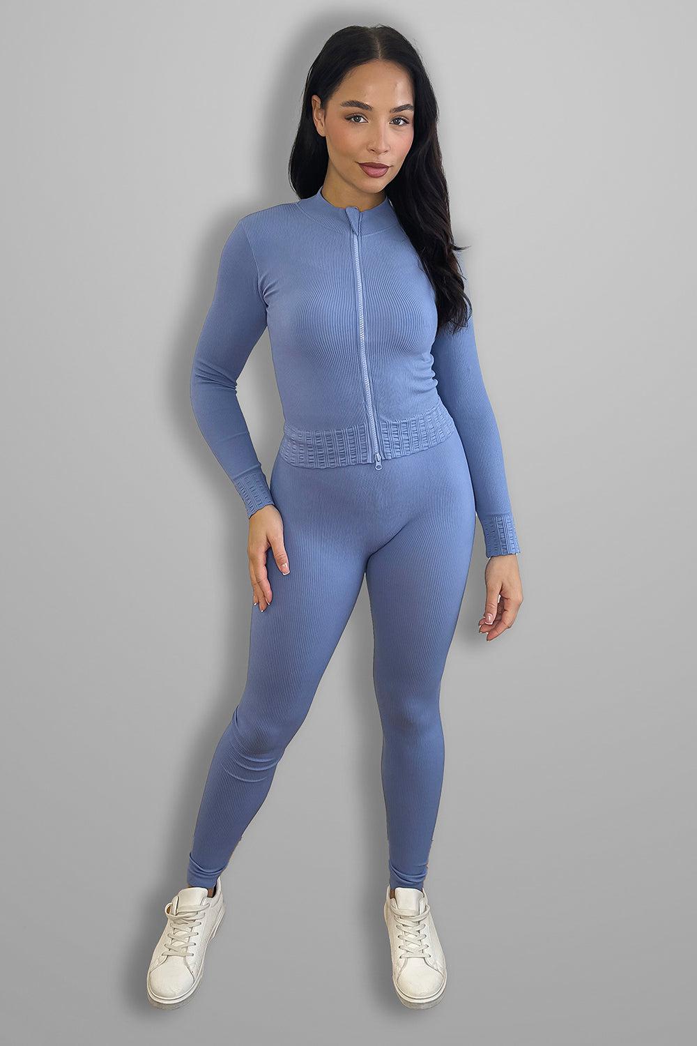 Wholesale Women's Double Zip Fastening Cropped Top And Leggings Ribbed 3 Piece Activewear Set (PACK OF 6)