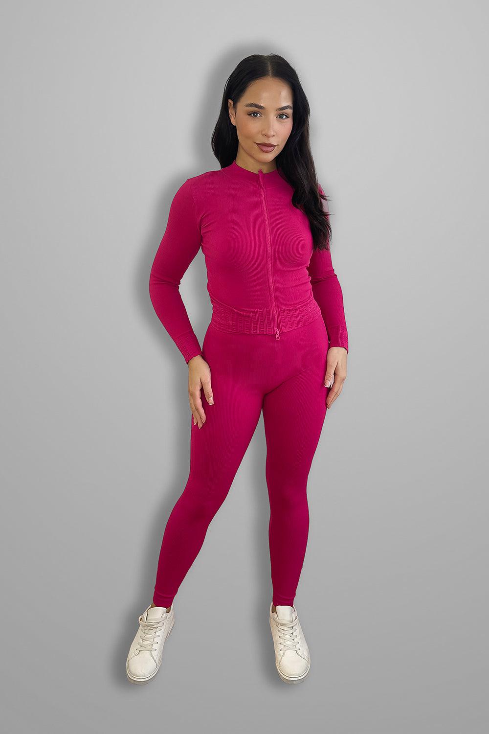 Wholesale Women's Double Zip Fastening Cropped Top And Leggings Ribbed 3 Piece Activewear Set (PACK OF 6)