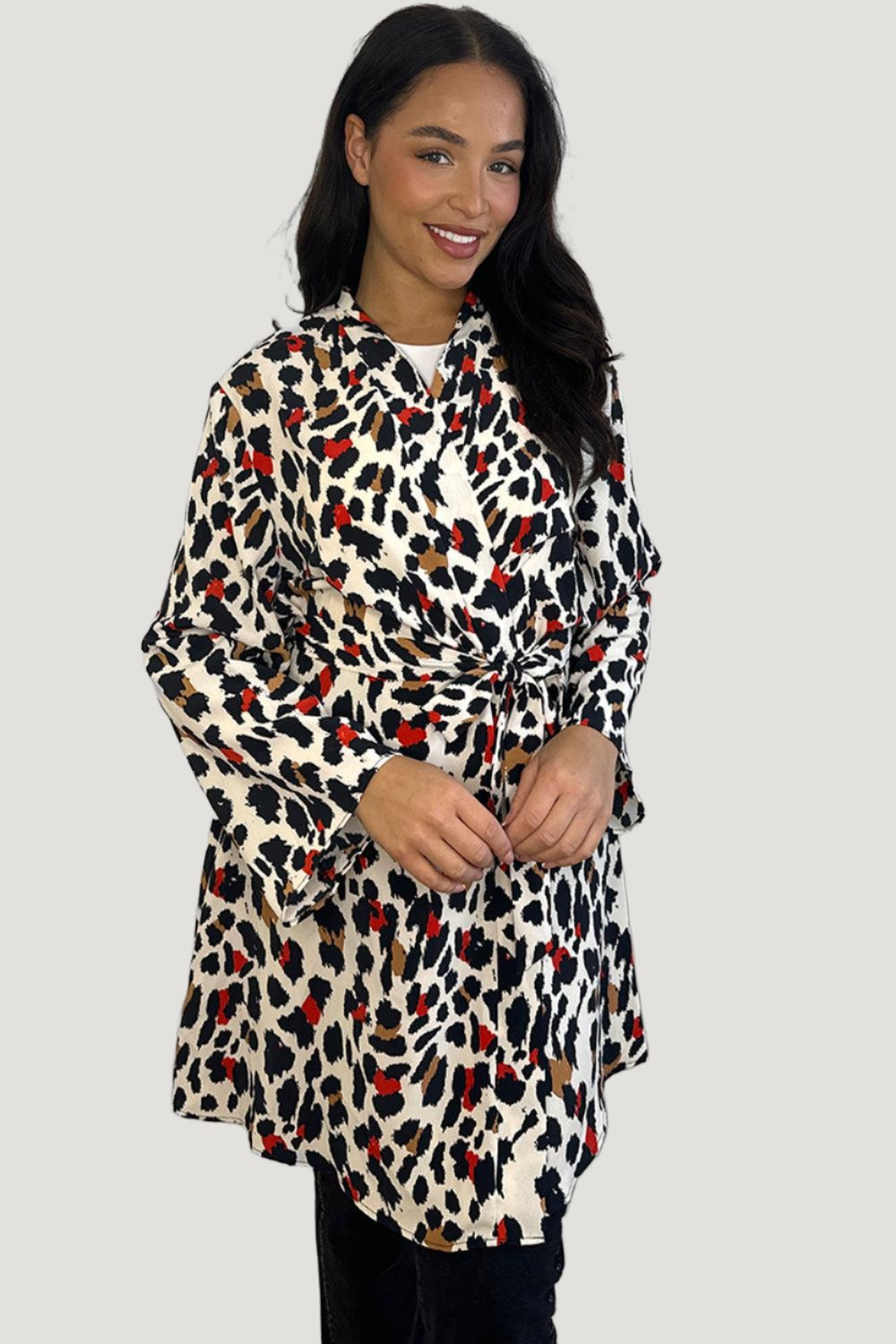 Neck Tie Orange Leopard Print Longline Shirt-SinglePrice