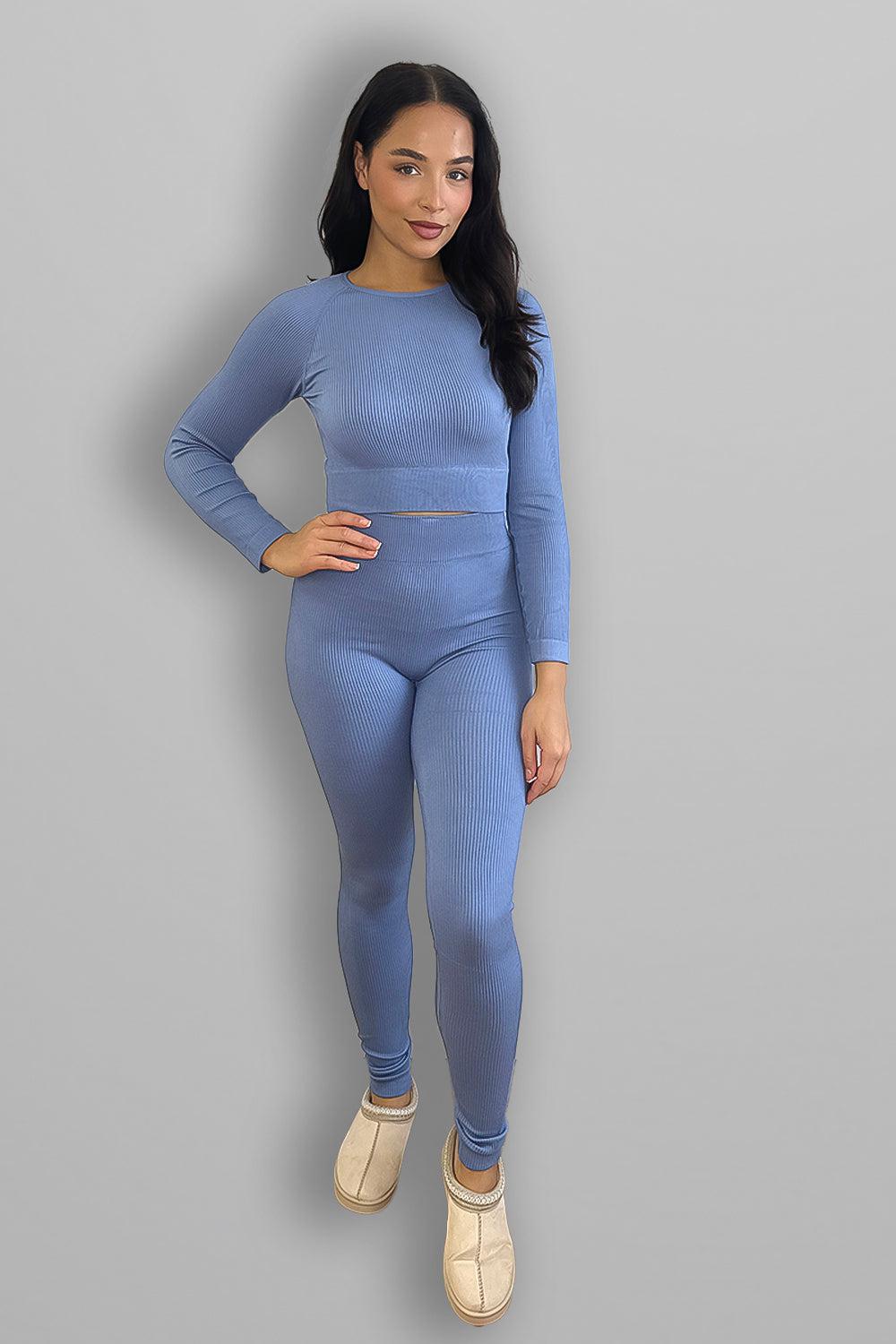 Stretchy Ribbed Long Sleeve Top and Leggings Activewear Set