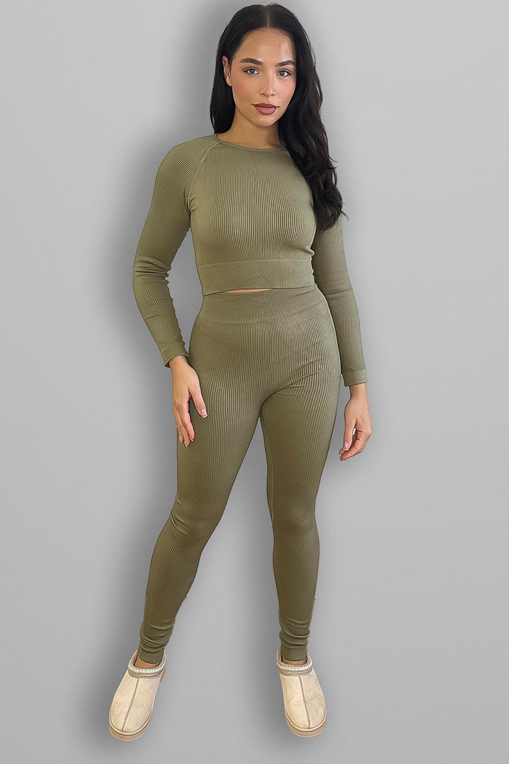 Stretchy Ribbed Long Sleeve Top and Leggings Activewear Set