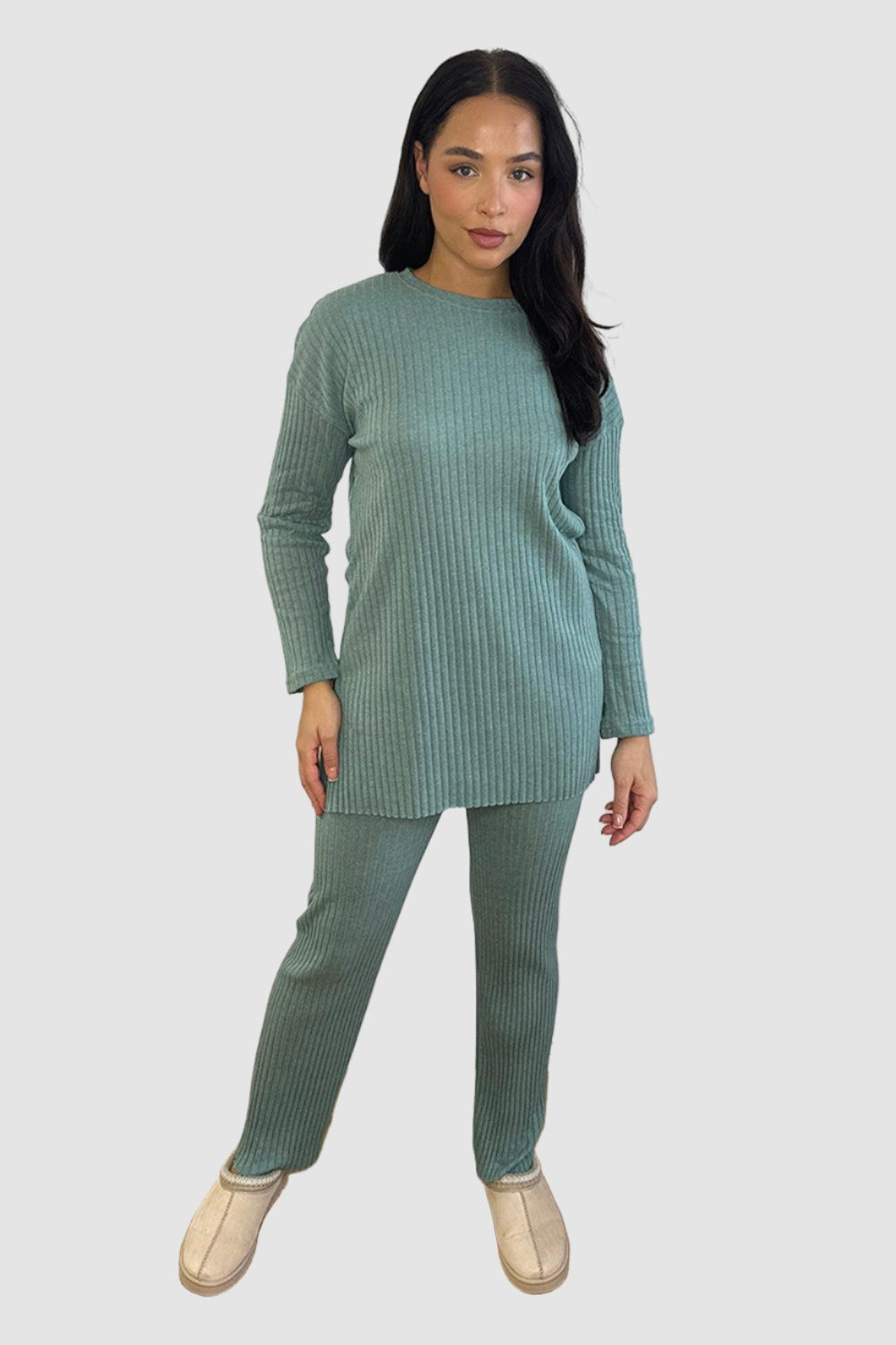 Ribbed Jersey High Neck Tunic And Trousers Set-SinglePrice