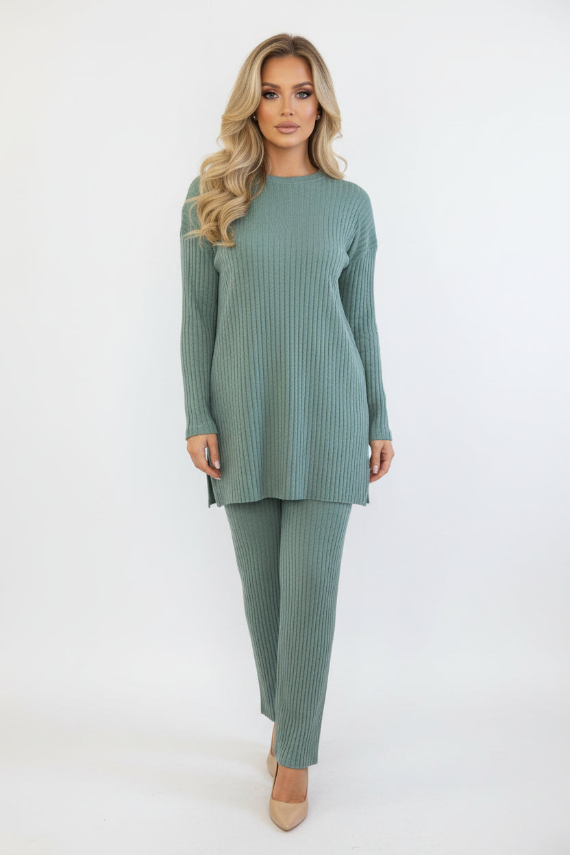 Ribbed Jersey High Neck Tunic And Trousers Set-SinglePrice