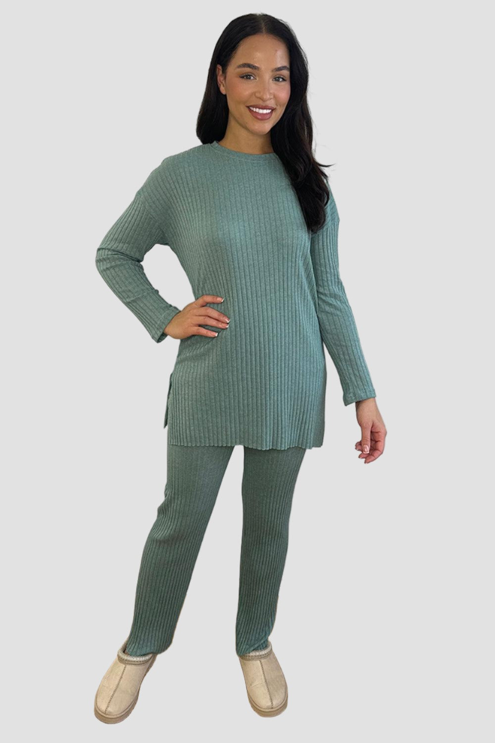 Ribbed Jersey High Neck Tunic And Trousers Set-SinglePrice