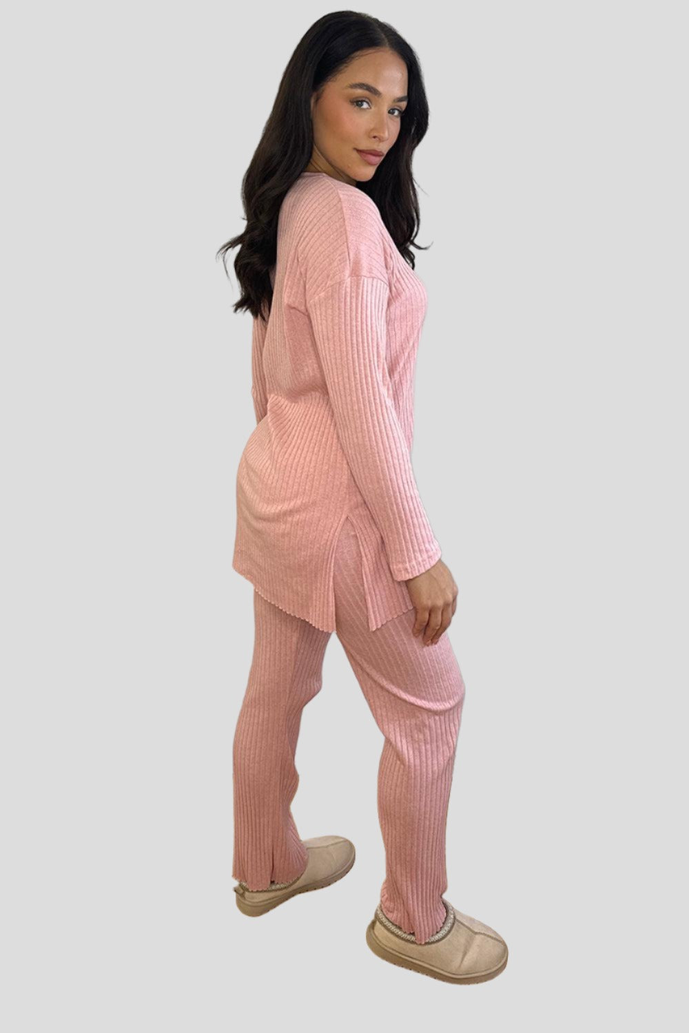 Ribbed Jersey High Neck Tunic And Trousers Set-SinglePrice