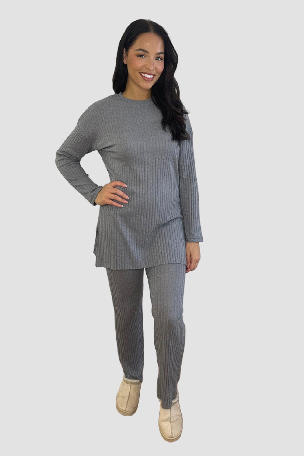 Ribbed Jersey High Neck Tunic And Trousers Set-SinglePrice