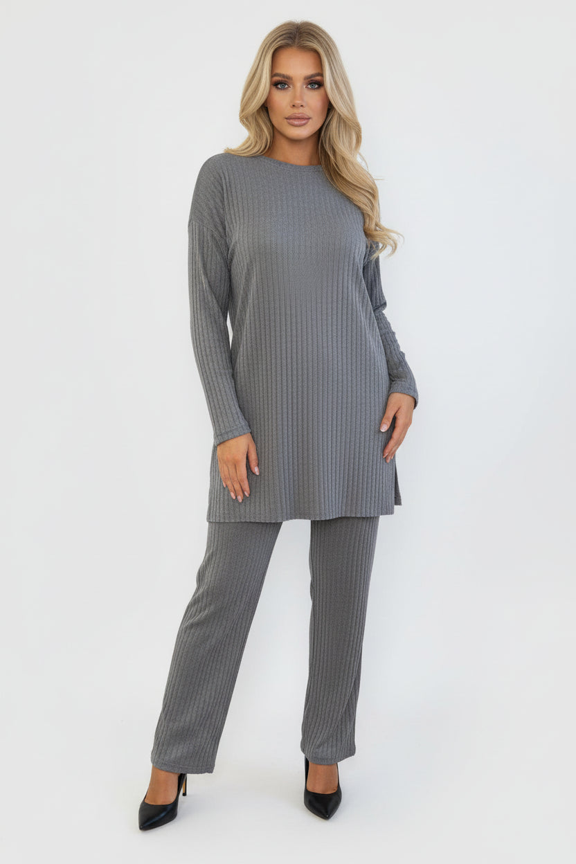 Ribbed Jersey High Neck Tunic And Trousers Set-SinglePrice