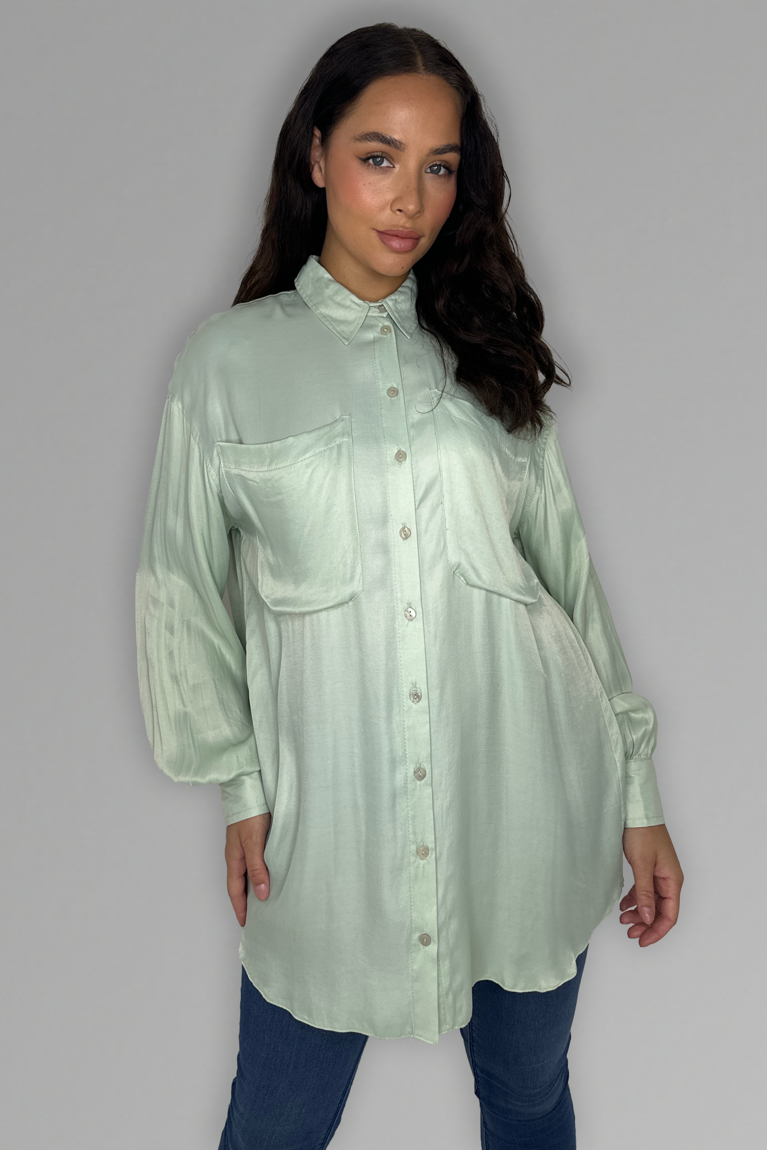 Mint Long Sleeve Satin Shirt-SinglePrice