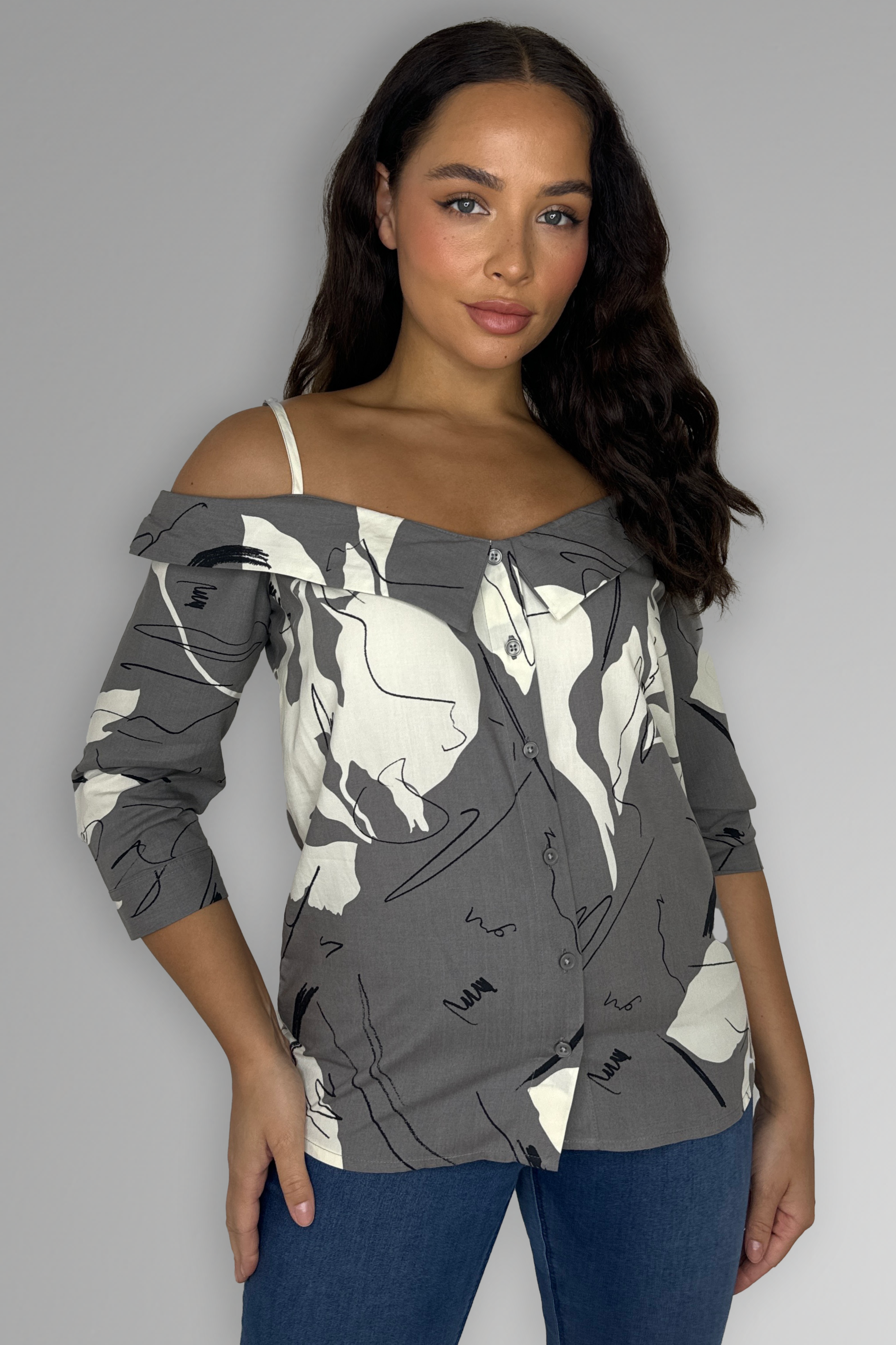 Strappy Off The Shoulder Print Blouse-SinglePrice