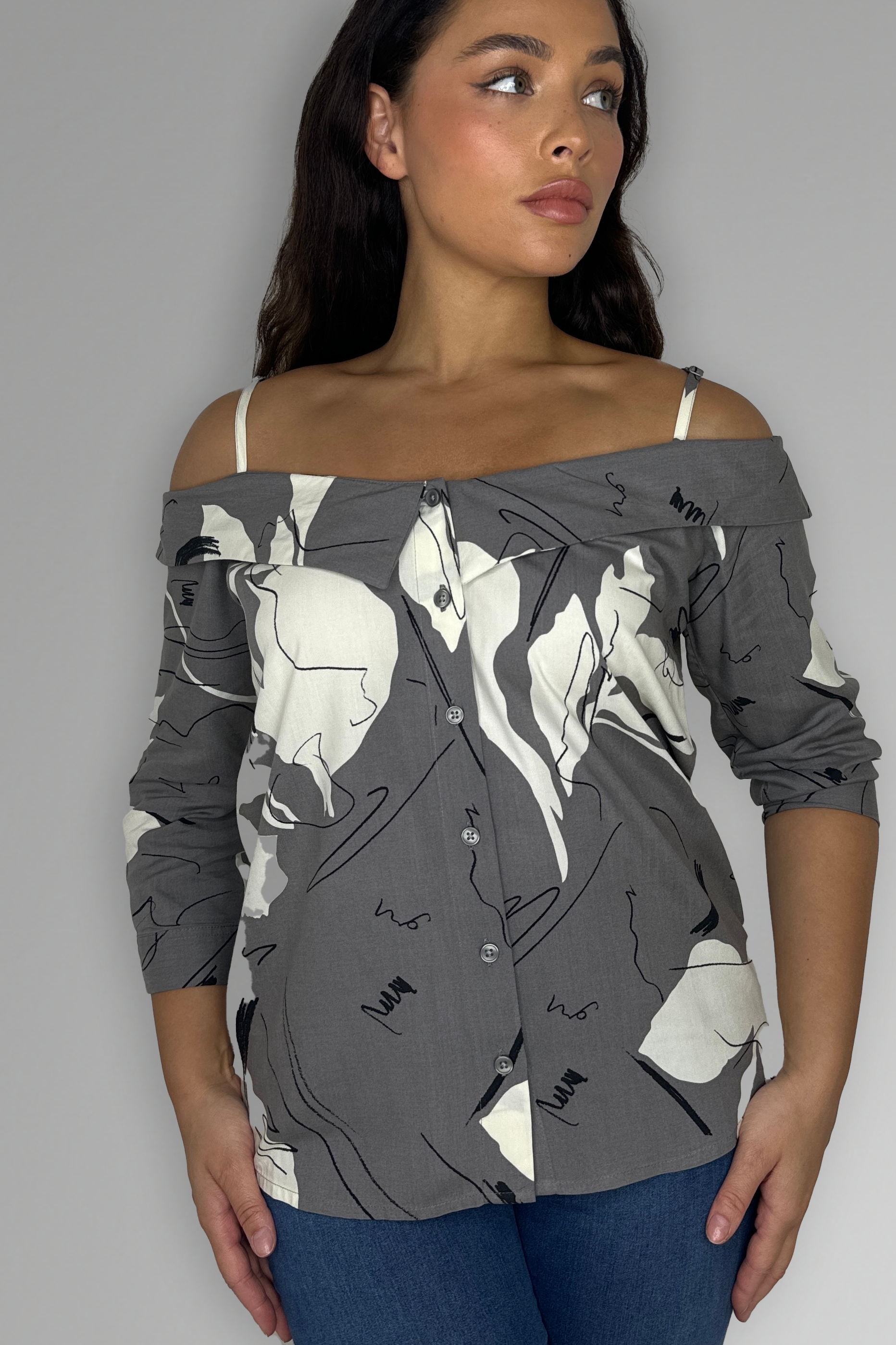Strappy Off The Shoulder Print Blouse-SinglePrice