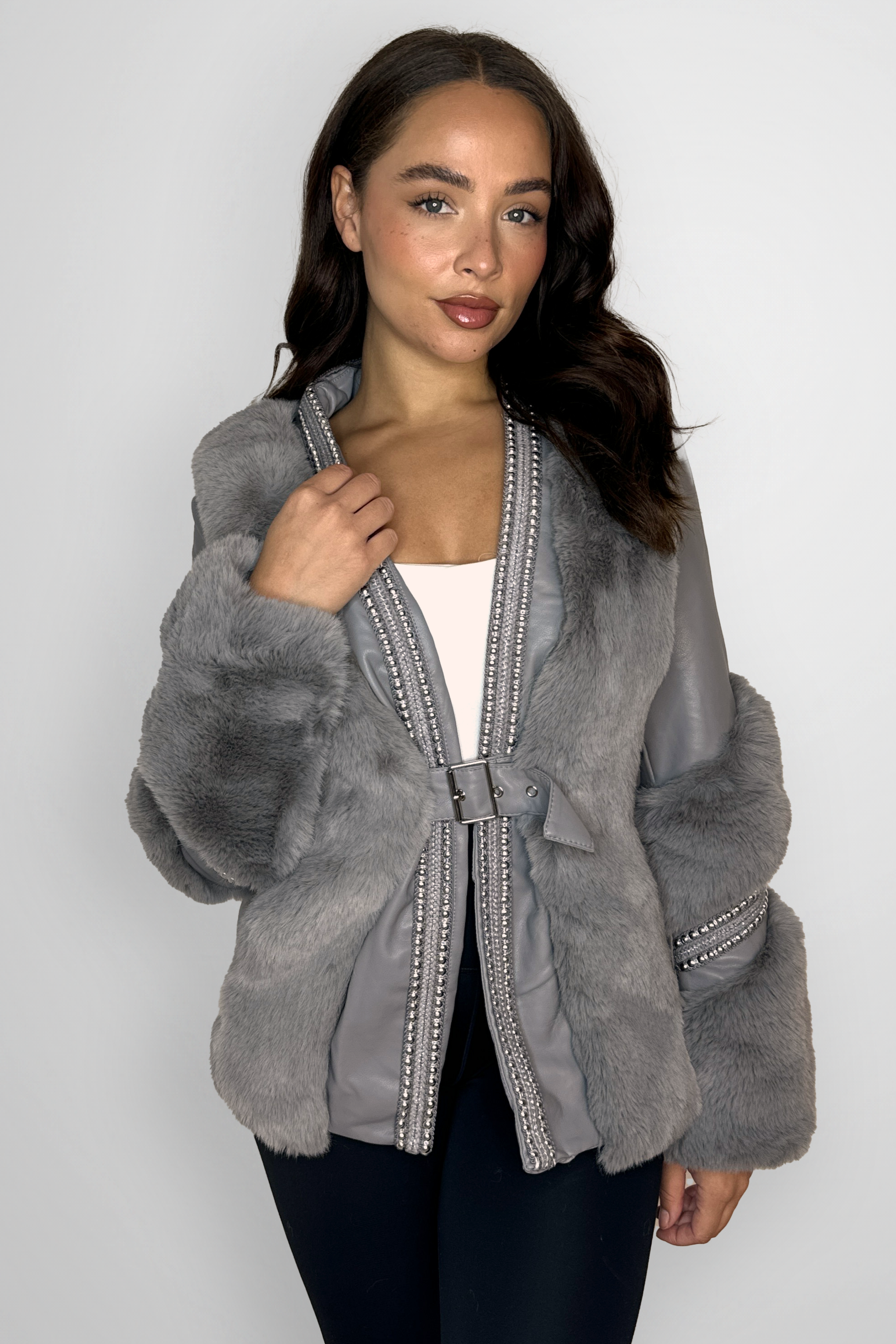Vegan Leather With Fur Trim Luxurious Beaded Detail Open Belted Jacket