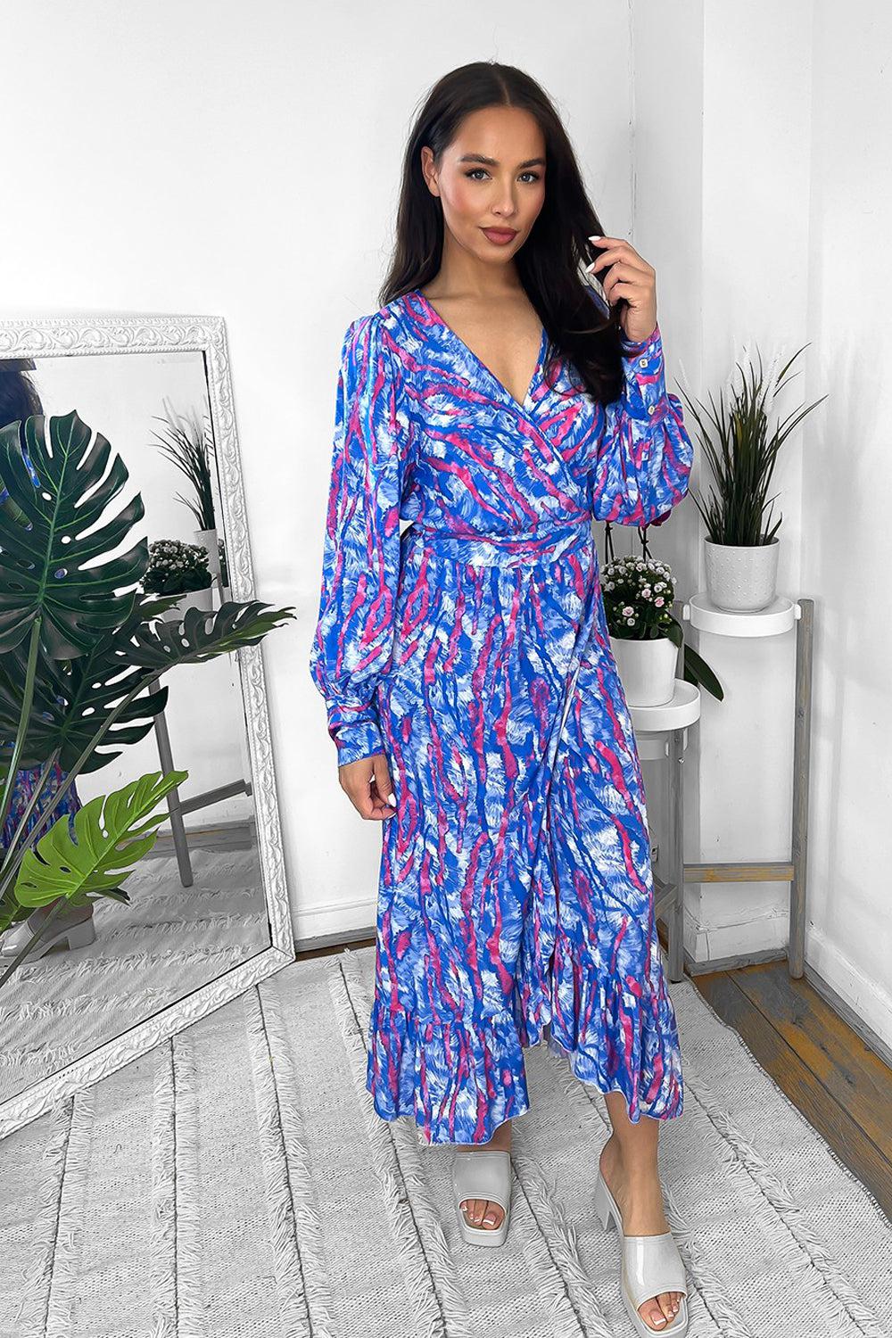 Mixed Abstract Print Wrap Over Midi Dress-SinglePrice