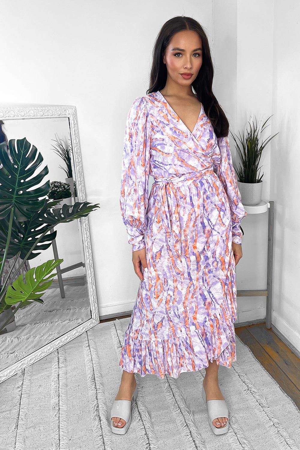Mixed Abstract Print Wrap Over Midi Dress-SinglePrice