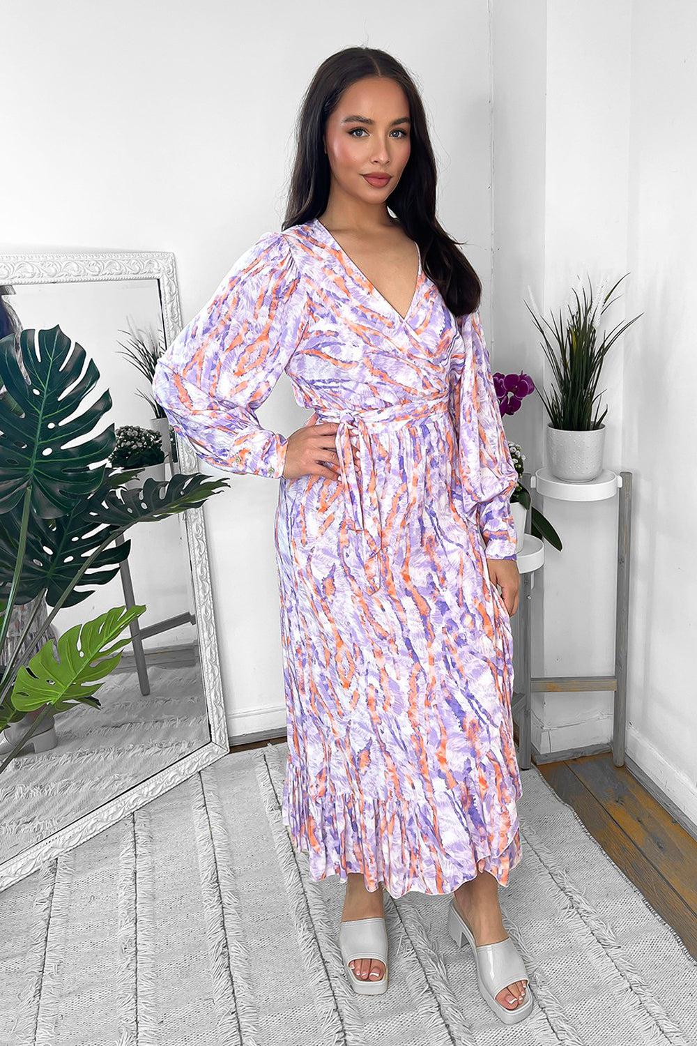 Mixed Abstract Print Wrap Over Midi Dress-SinglePrice
