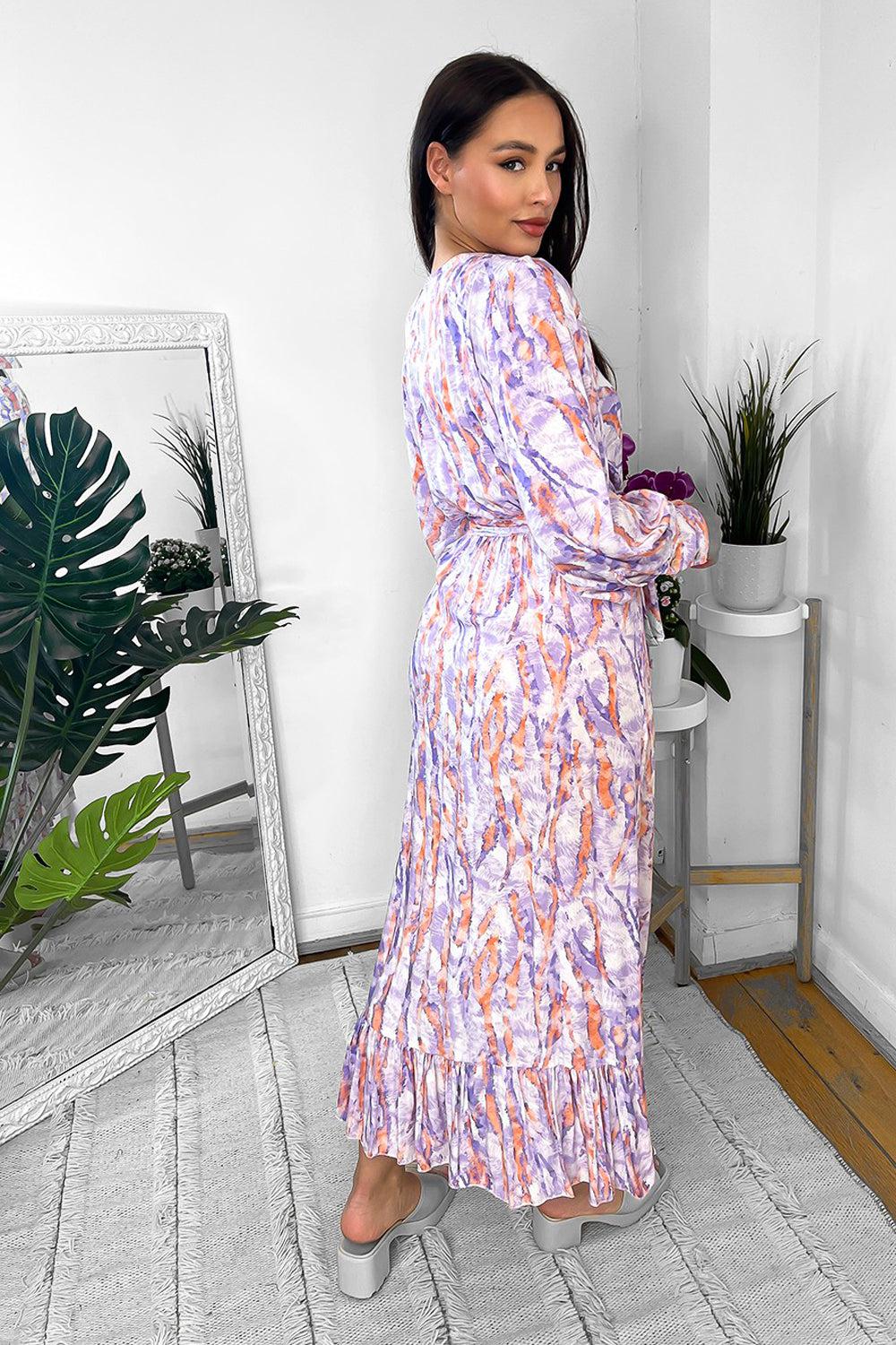 Mixed Abstract Print Wrap Over Midi Dress-SinglePrice