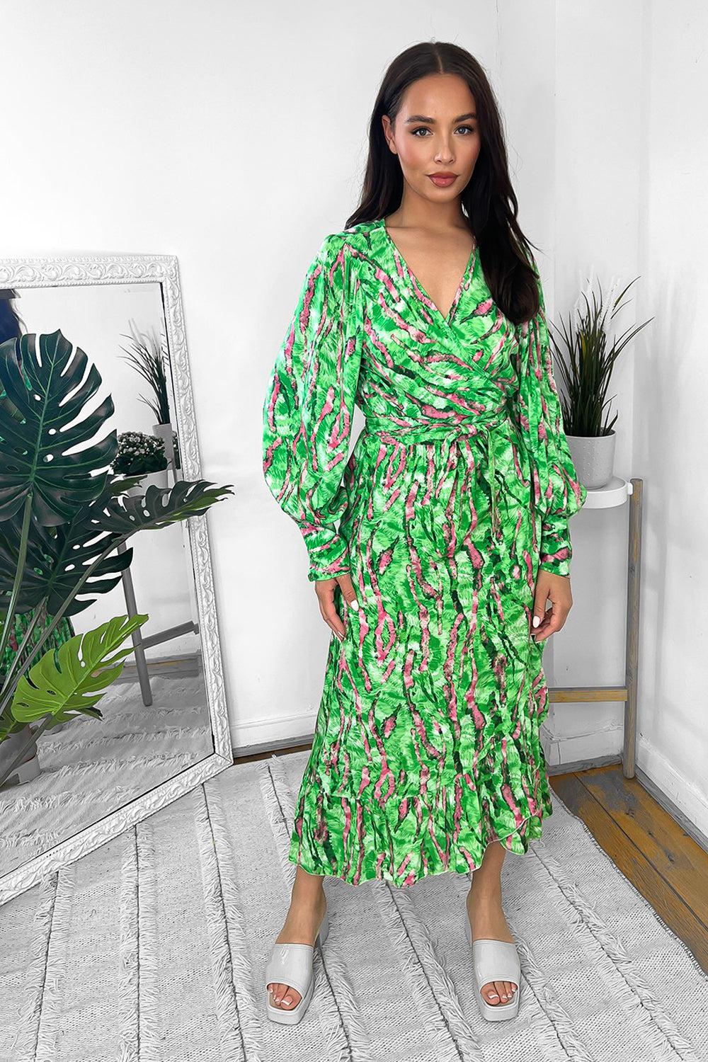 Mixed Abstract Print Wrap Over Midi Dress-SinglePrice