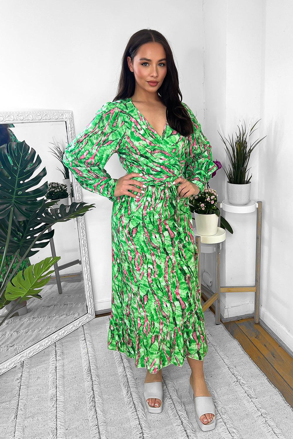 Mixed Abstract Print Wrap Over Midi Dress-SinglePrice